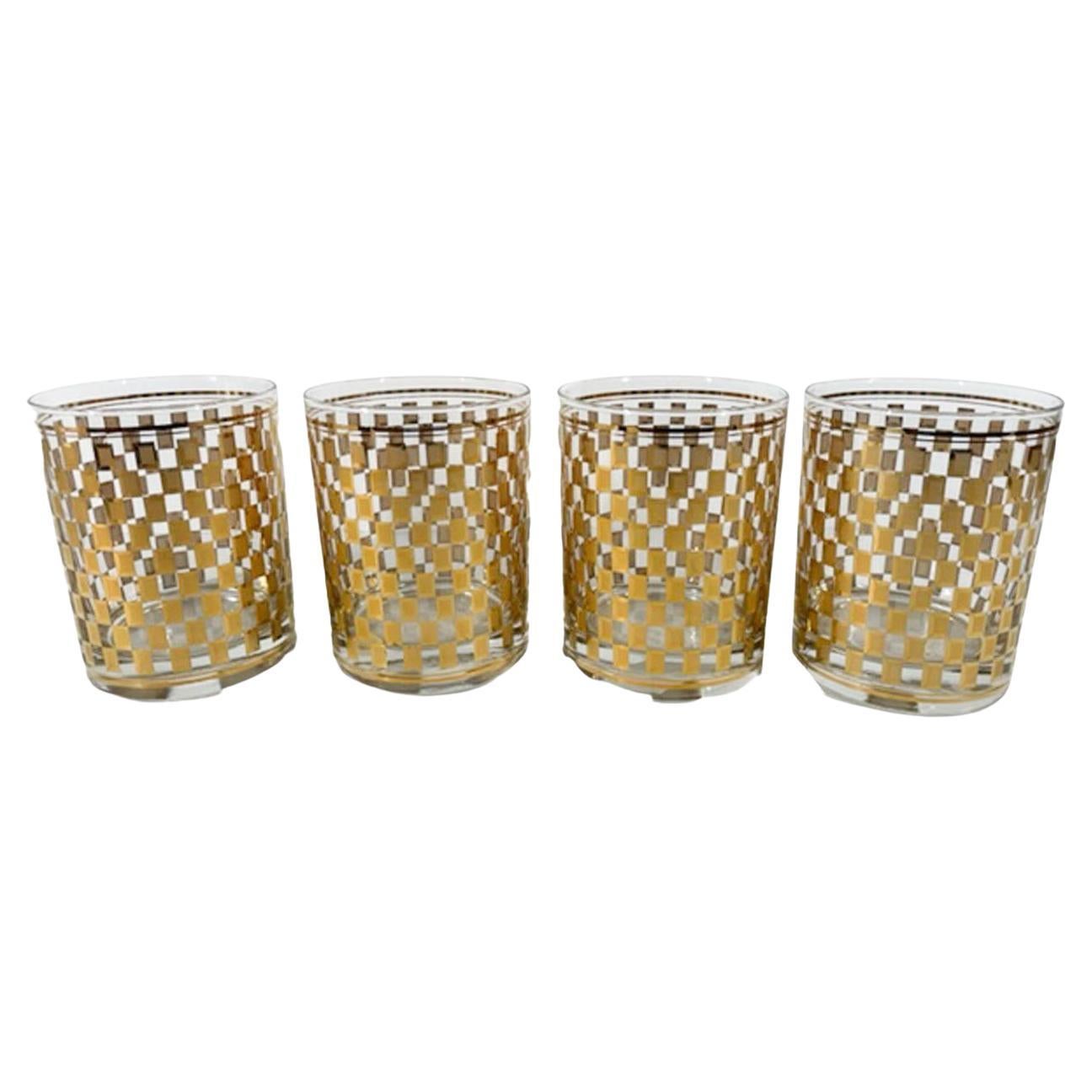 Four Culver Double Rocks Glasses in Two-Tone Gold Check Design For Sale