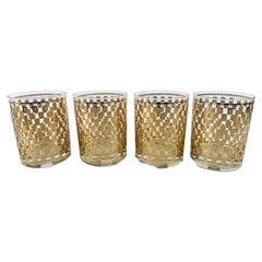 Vintage Four Culver Double Rocks Glasses in Two-Tone Gold Check Design