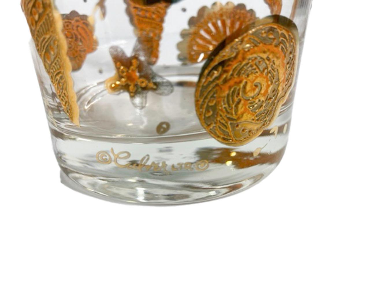 American Four Culver Glassware Rocks Glasses in the Gold & Orange Marina Pattern For Sale