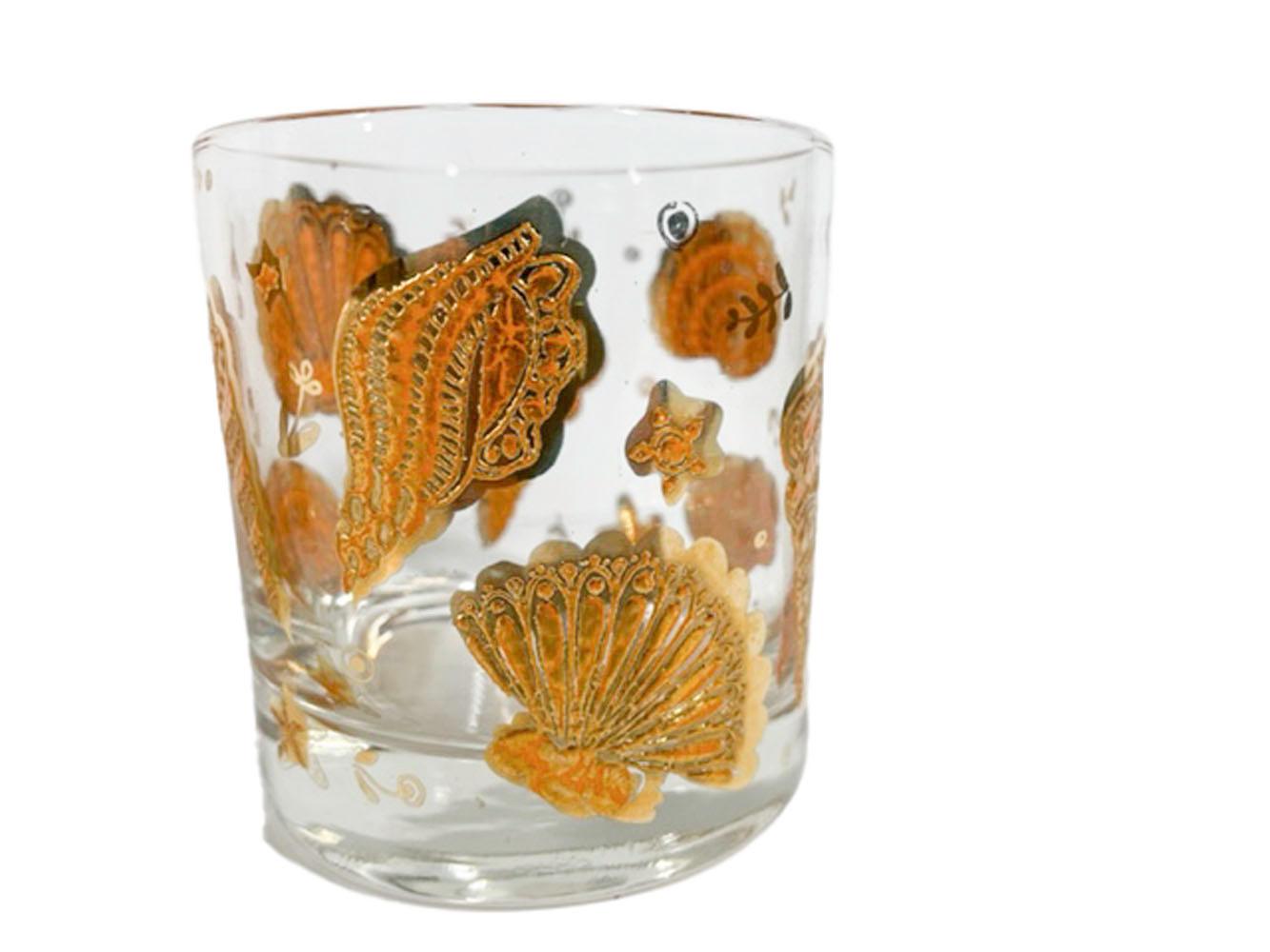 20th Century Four Culver Glassware Rocks Glasses in the Gold & Orange Marina Pattern For Sale