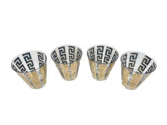 Four Culver LTD 22k Gold and Blue Enamel Greek Key Double Old Fashion Glasses