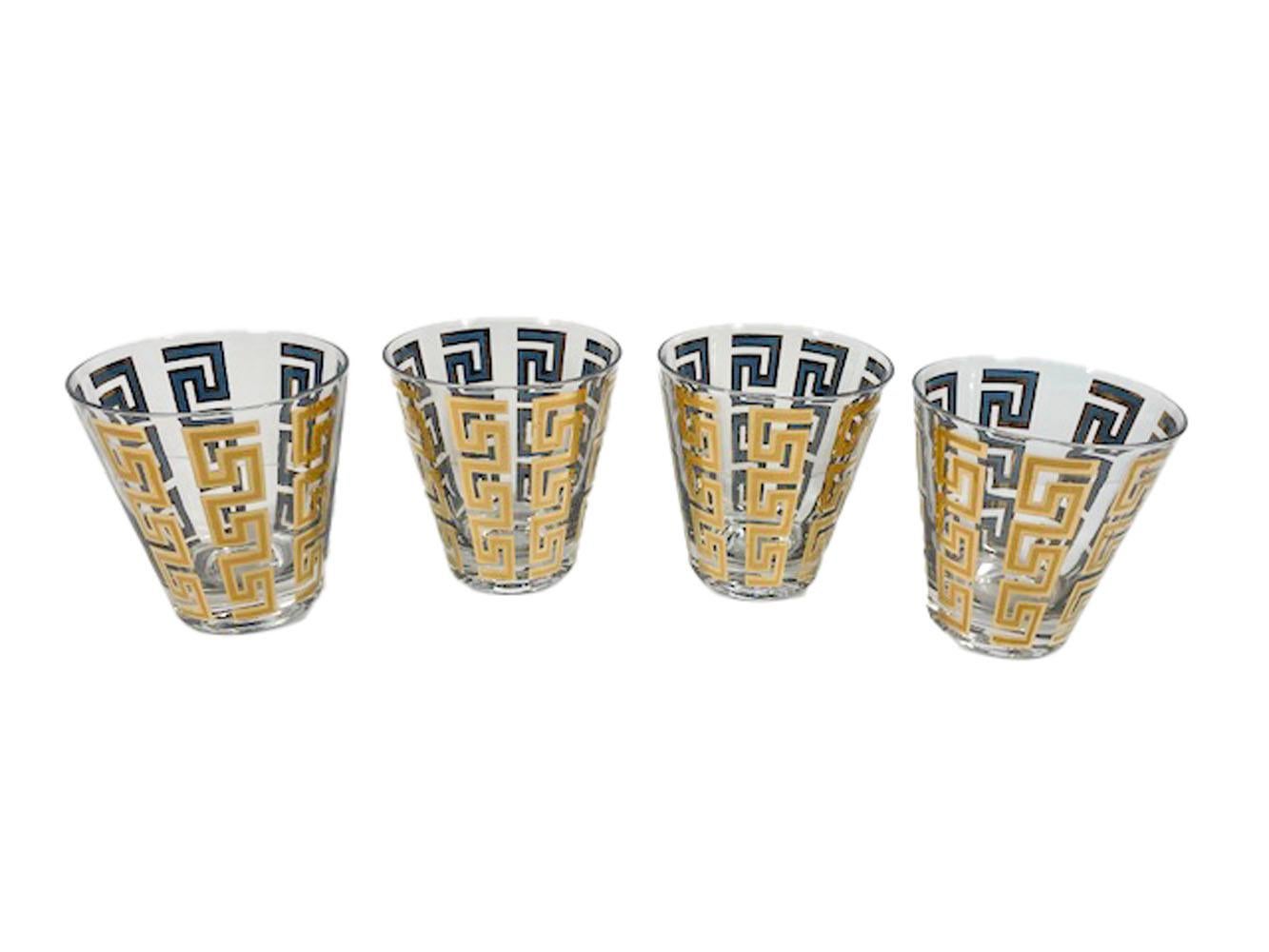 Mid-Century Modern Four Culver LTD 22k Gold and Blue Enamel Greek Key Double Old Fashion Glasses