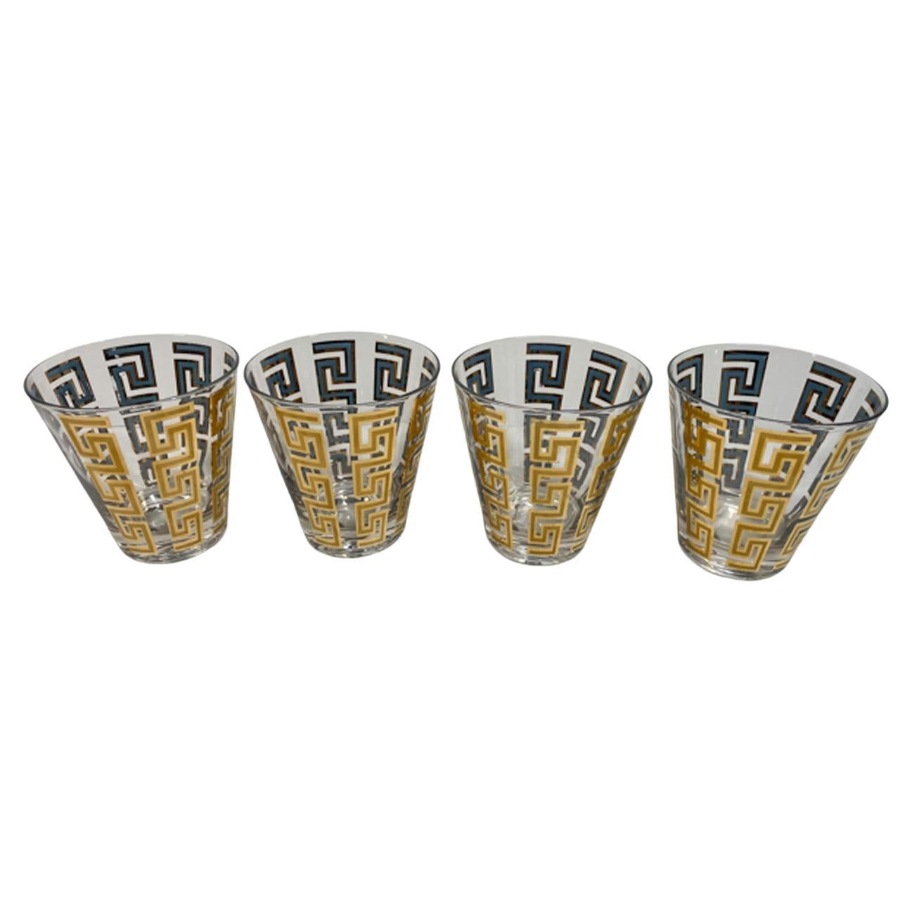 Four Culver, LTD. Gold Over Blue "Greek Key" Double Old Fashioned Glasses