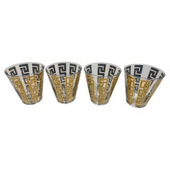 Retro Four Culver, LTD. Gold Over Blue "Greek Key" Double Old Fashioned Glasses