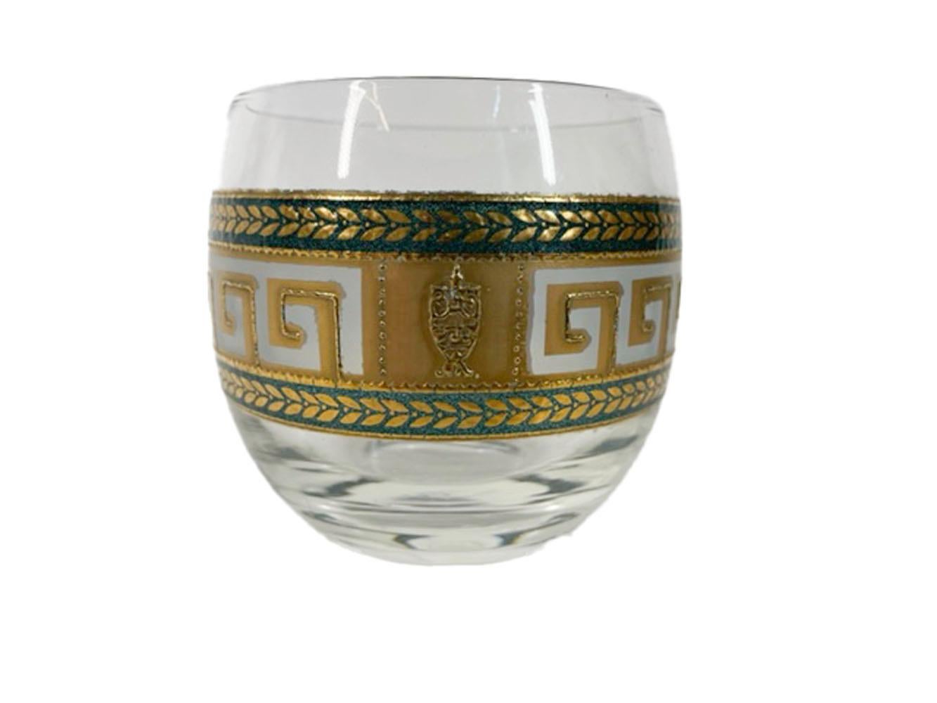 Mid-Century Modern Four Culver Roly Poly Cocktail Glasses with Greek Key Motif in 22 Karat Gold