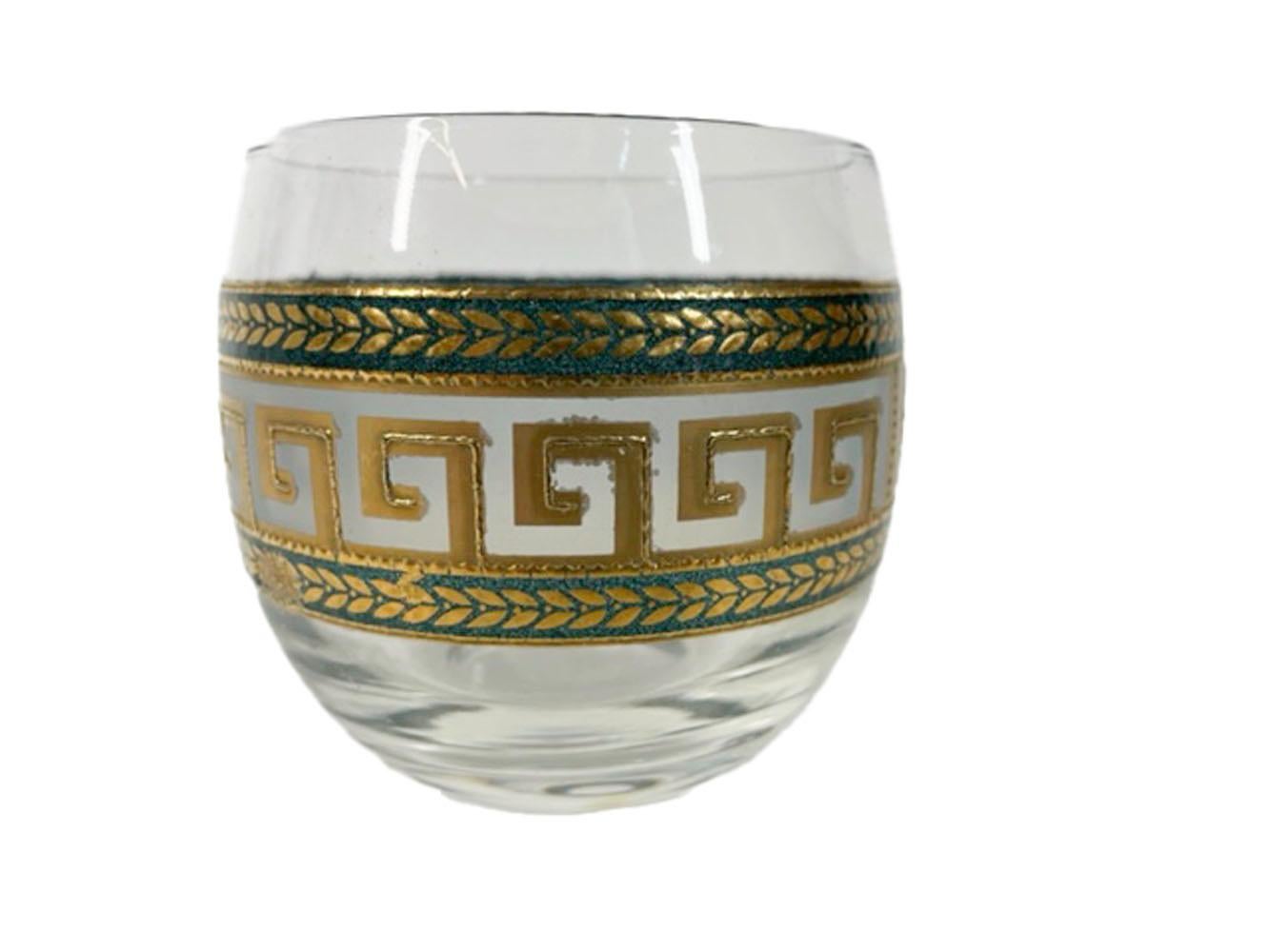 American Four Culver Roly Poly Cocktail Glasses with Greek Key Motif in 22 Karat Gold
