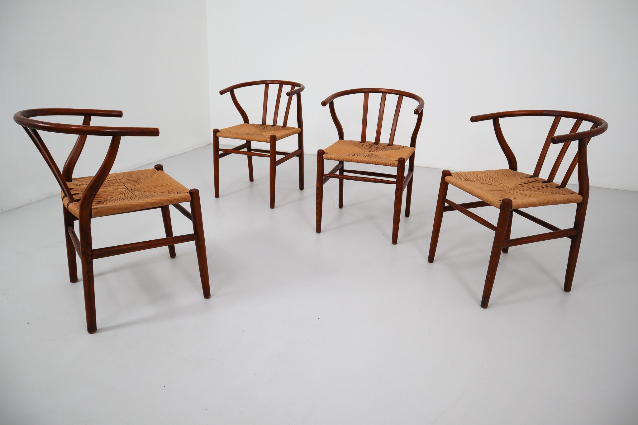 Scandinavian Modern Four Danish Oak Armchairs with Handwoven Paper cord Seats, 1960s