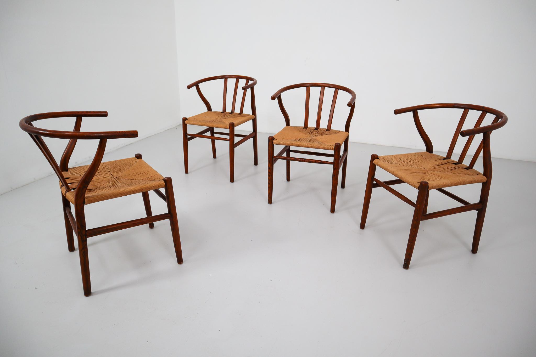 Four Danish Oak Armchairs with Handwoven Paper cord Seats, 1960s (Dänisch)