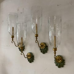 Four David Dunkin Wood Scalloped and Solid Brass Sconces Original Star Globes