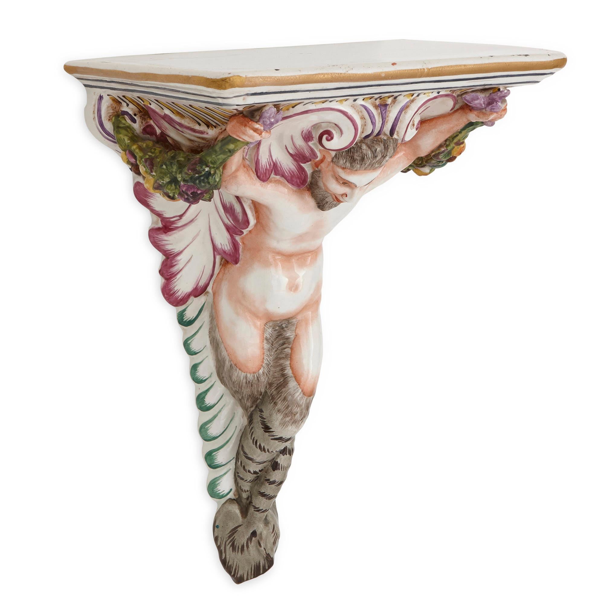 Rococo Four Decorative Porcelain Wall Brackets of Satyr Form For Sale