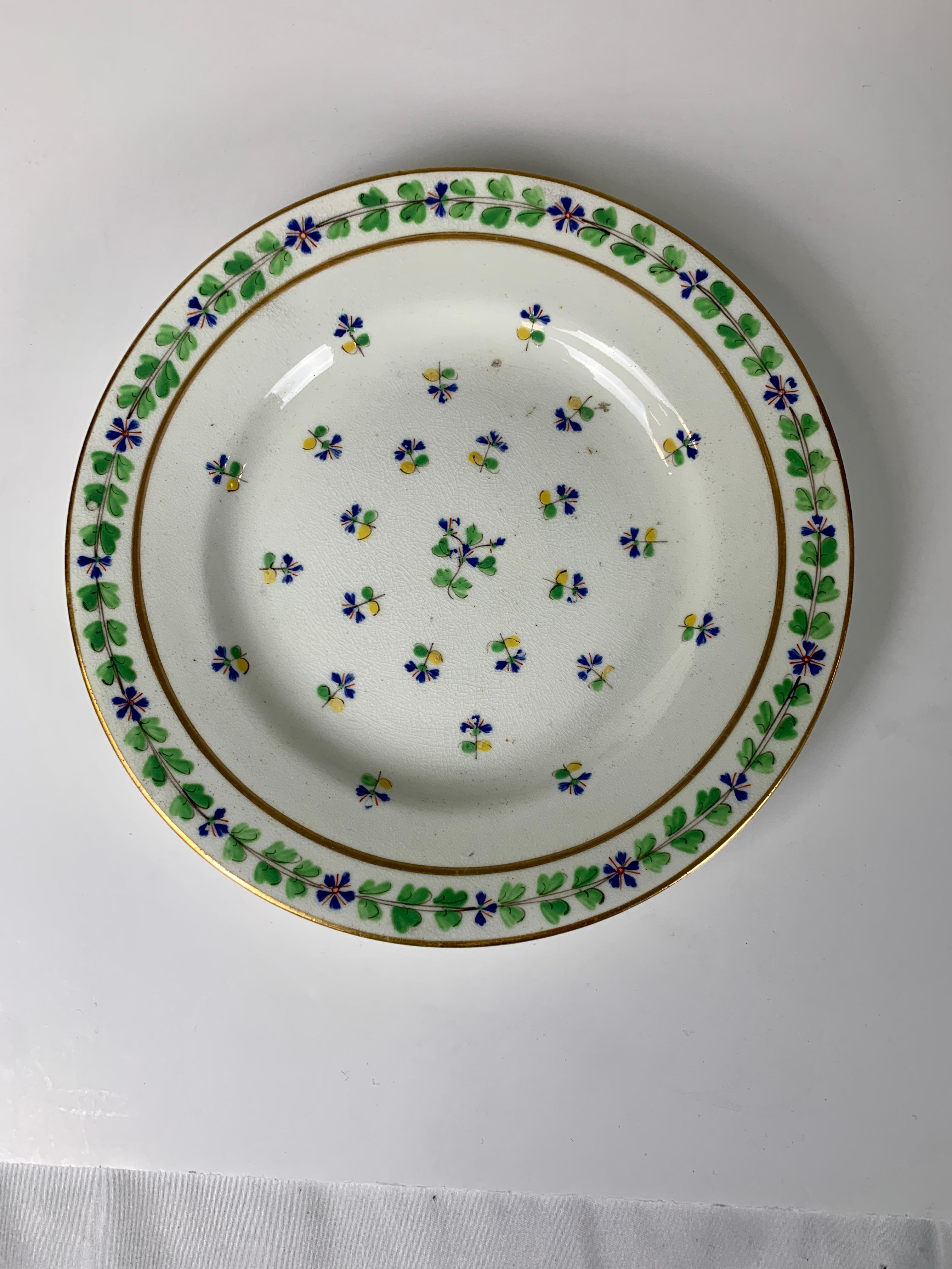 Regency Four Derby Porcelain Dishes Hand Painted in Sprig Pattern, England, circa 1815
