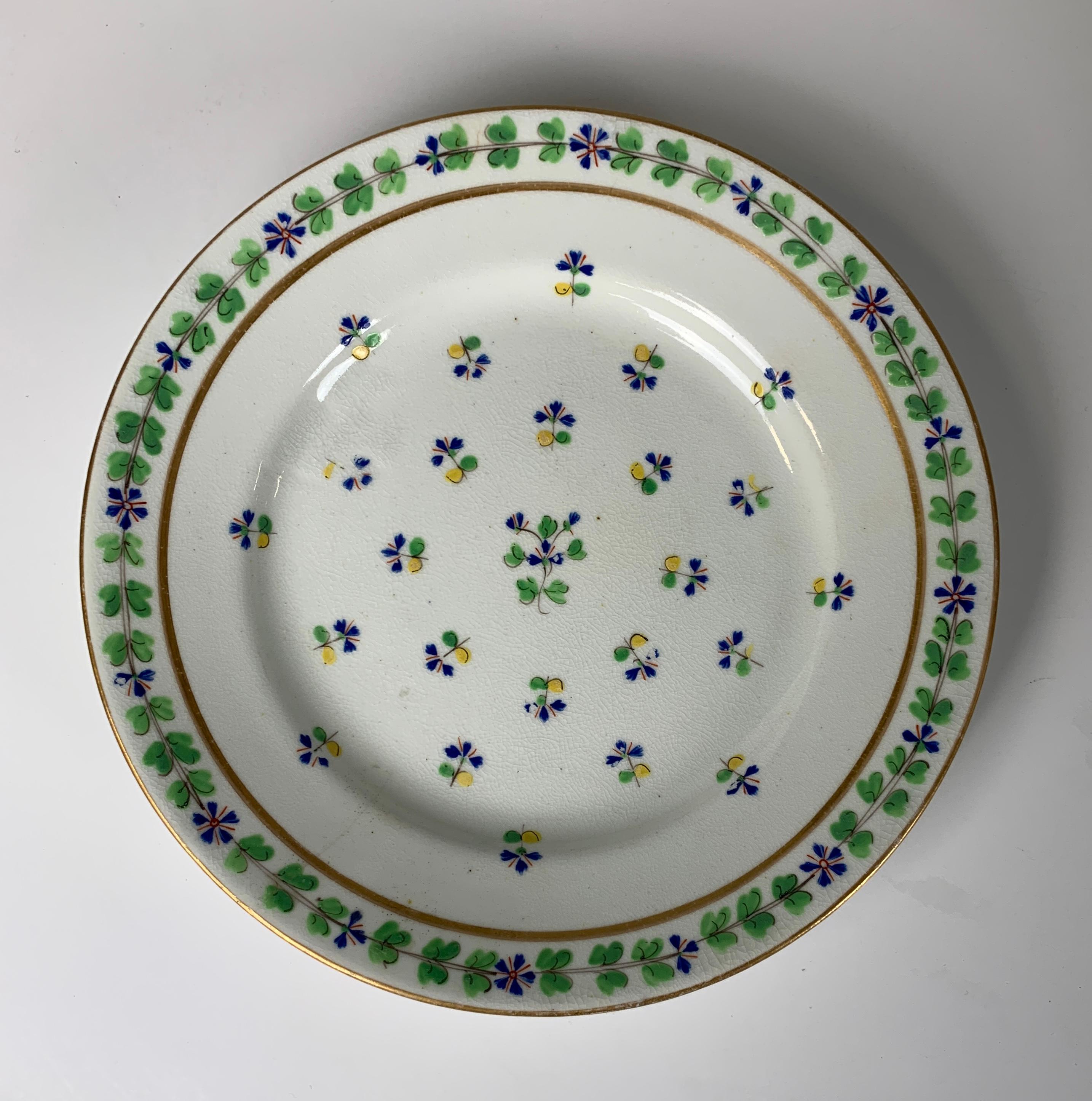English Four Derby Porcelain Dishes Hand Painted in Sprig Pattern, England, circa 1815