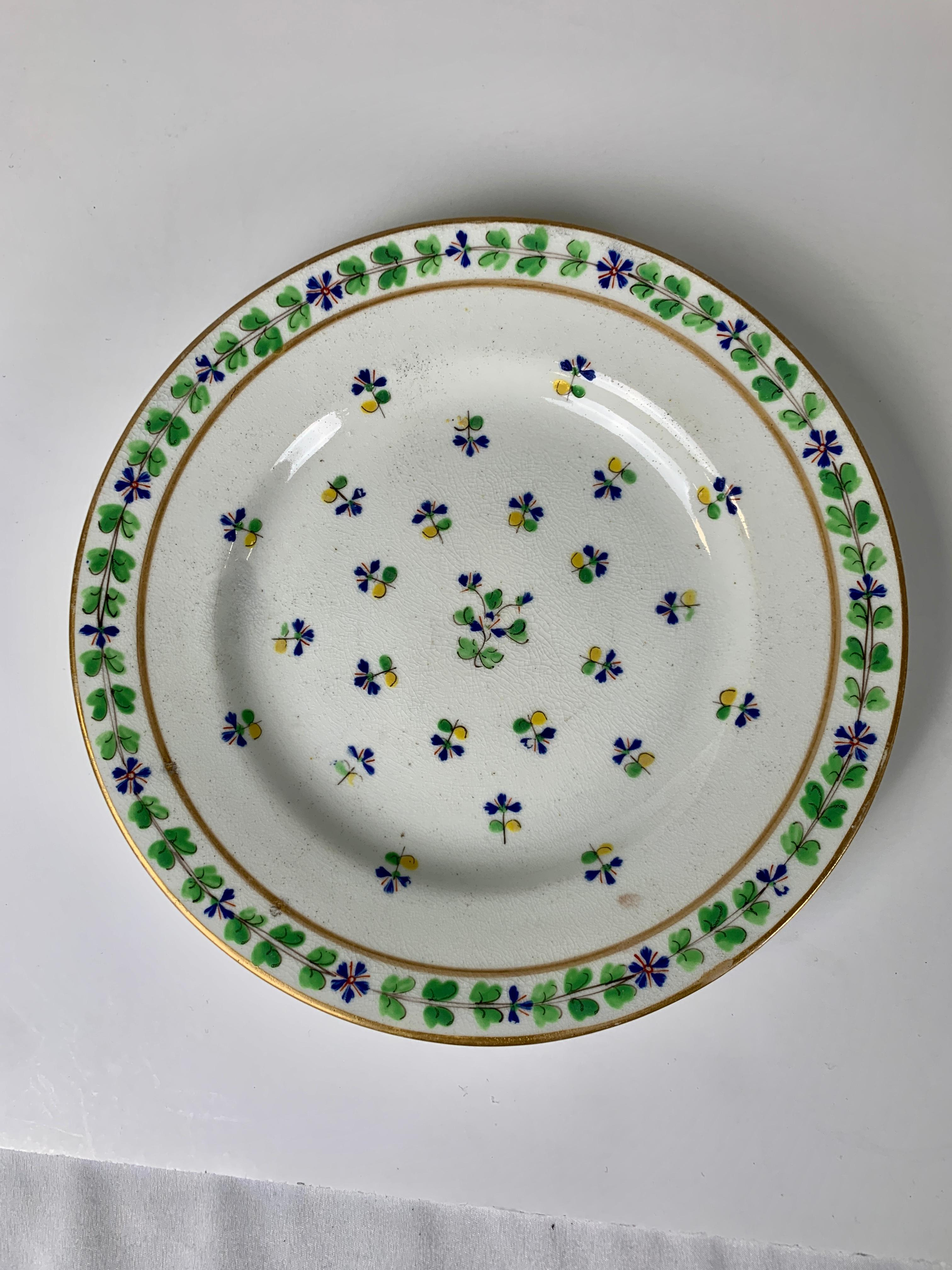 Enameled Four Derby Porcelain Dishes Hand Painted in Sprig Pattern, England, circa 1815