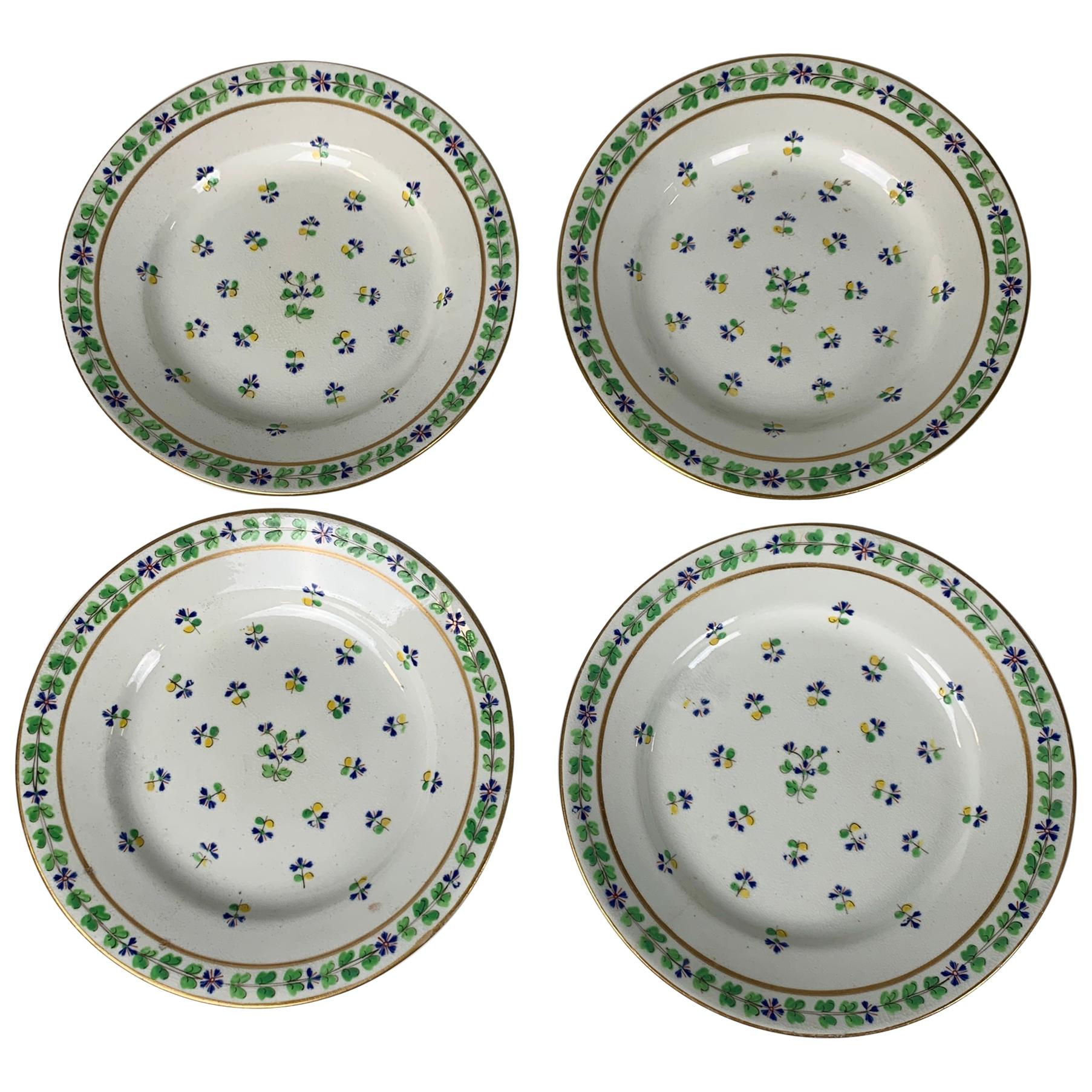 Four Derby Porcelain Dishes Hand Painted in Sprig Pattern, England, circa 1815