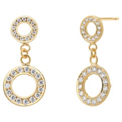 Four Diamond Circles 1.40 Carat Yellow Gold One Inch Long Drop Earrings