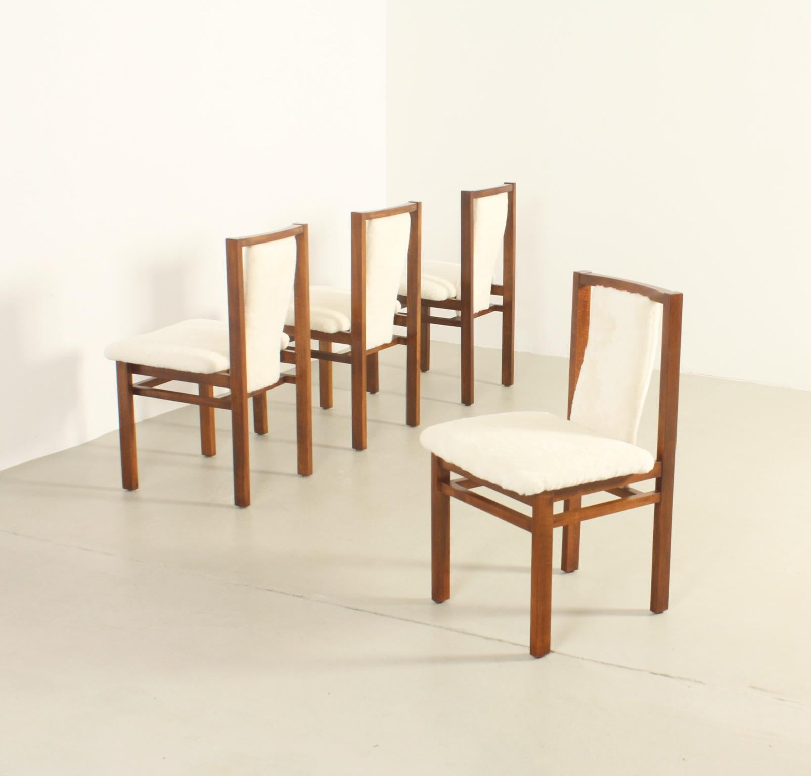 Mid-Century Modern Four Dining Chairs by Jordi Vilanova in Oak Wood and Sheepskin, Spain, 1960's For Sale
