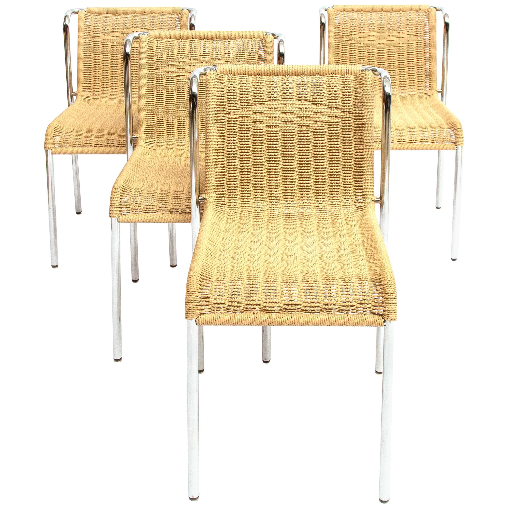 Five Dining Chairs Chrome-Plated Stackable, with Robe Weaving Seat and Back