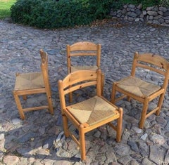 Four Dining Chairs in Pine Wood and Seagrass