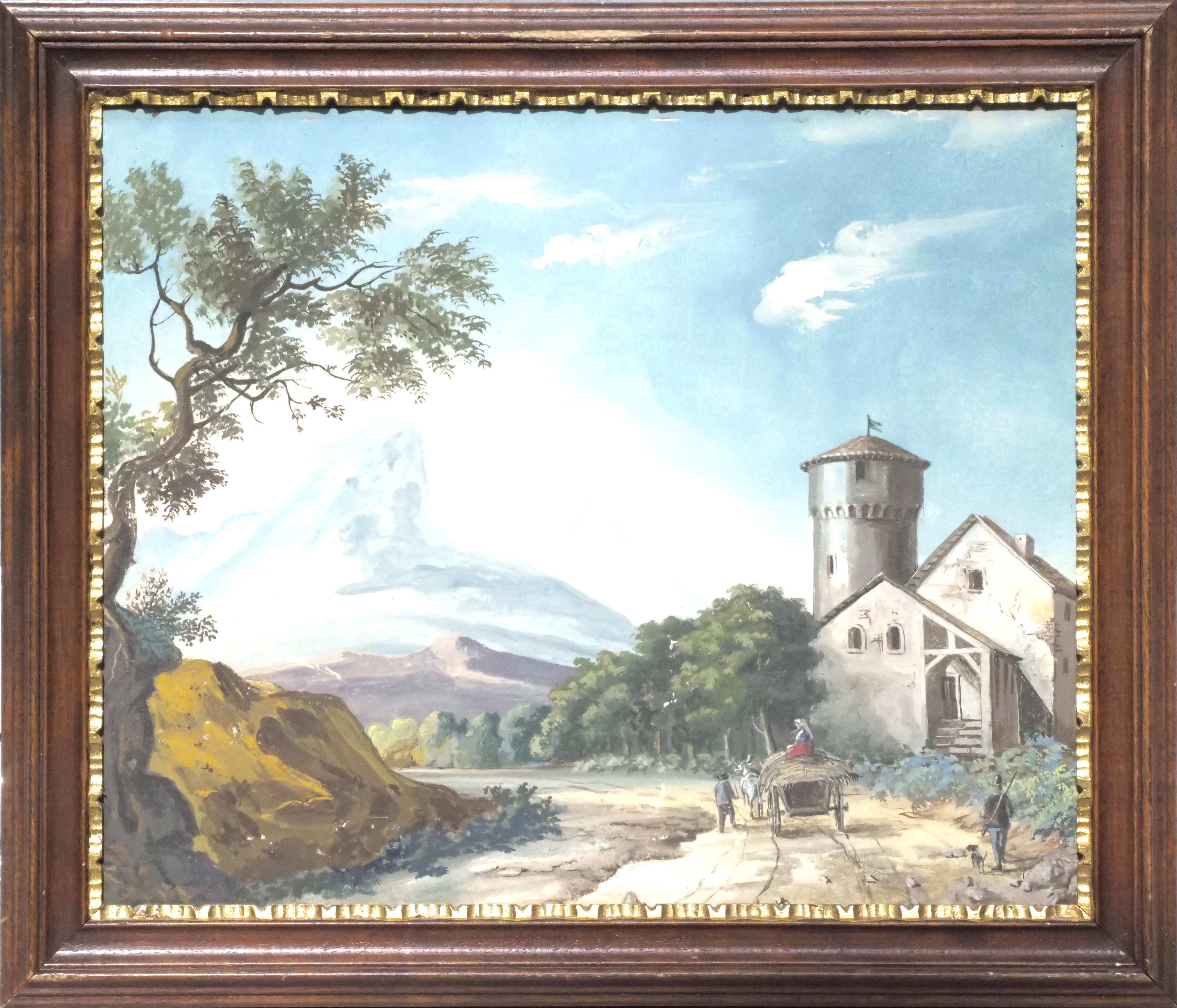 Four Dolomitic landscapes – Veneto XIX century
The lot includes four tempera-on-paper paintings with different views of Dolomitic landscapes created in Veneto in the early XIX century:
-	Dolomitic Alps landscape with cart, farmers and