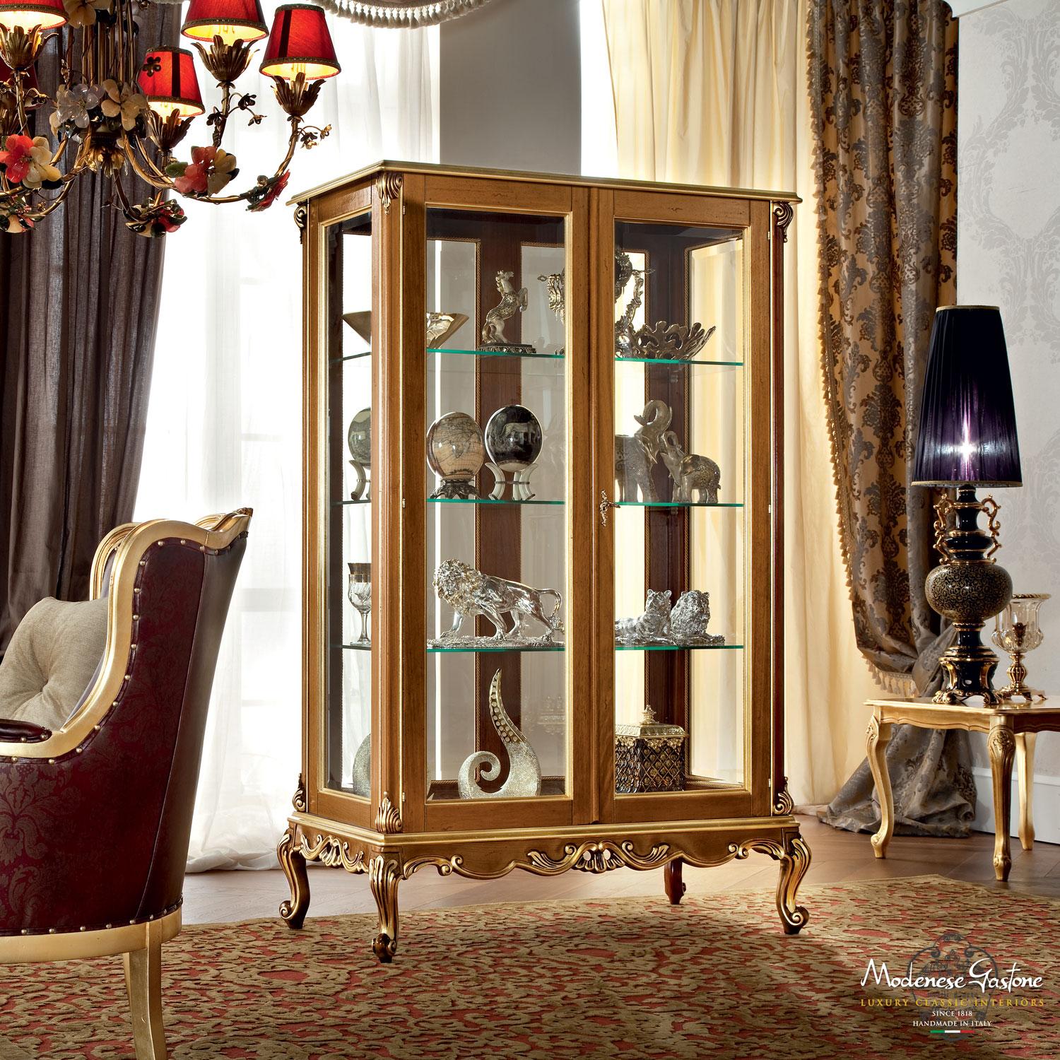 Gold Leaf Four Door Bookcase with Four Drawers, Baroque Inspiration by Modenese Gastone For Sale