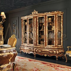 Four Door Bookcase with Gold Leaf, Baroque in Solid Wood, Modenese Gastone