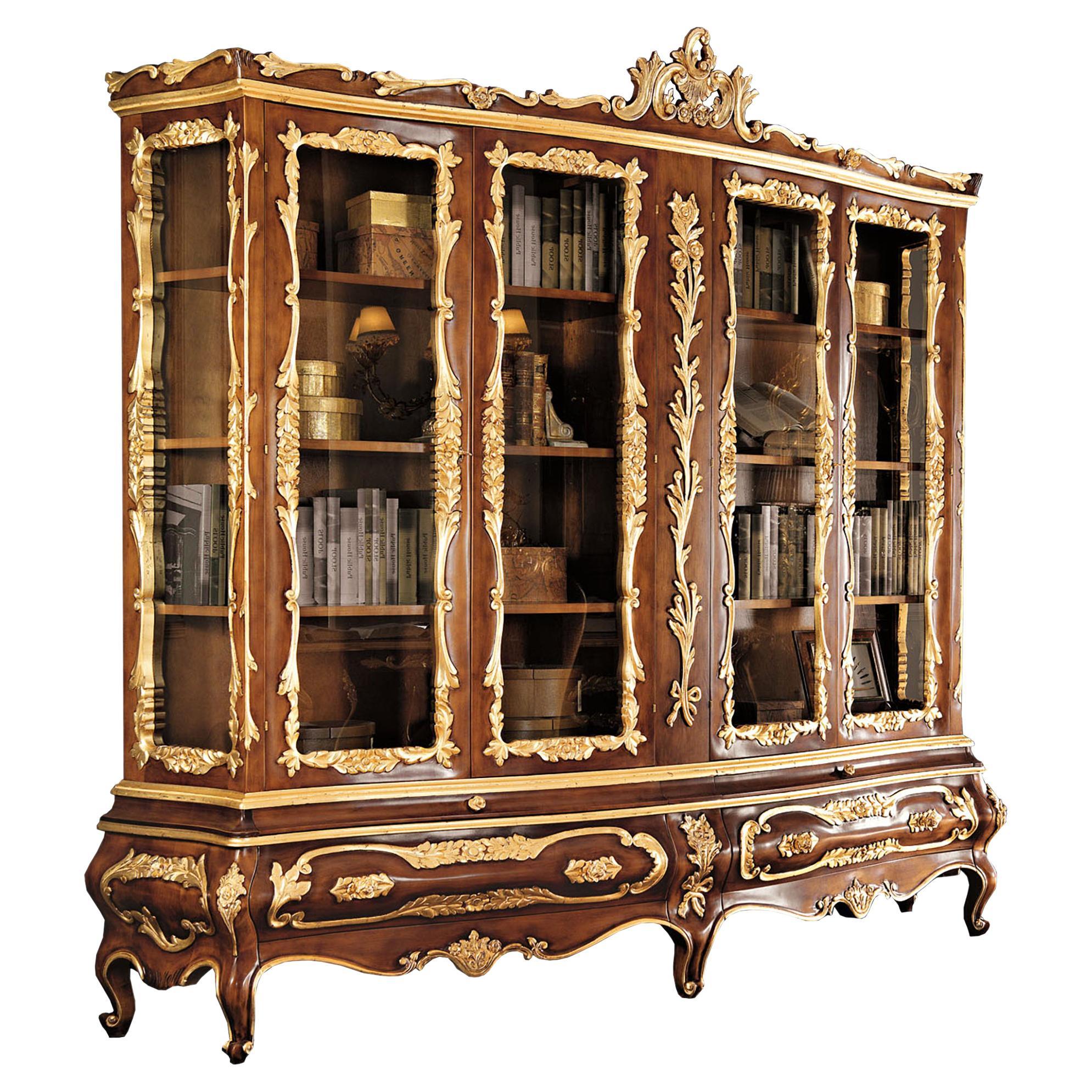 Four Door Bookcase with Gold Leaf, Baroque in Solid Wood, Modenese Gastone