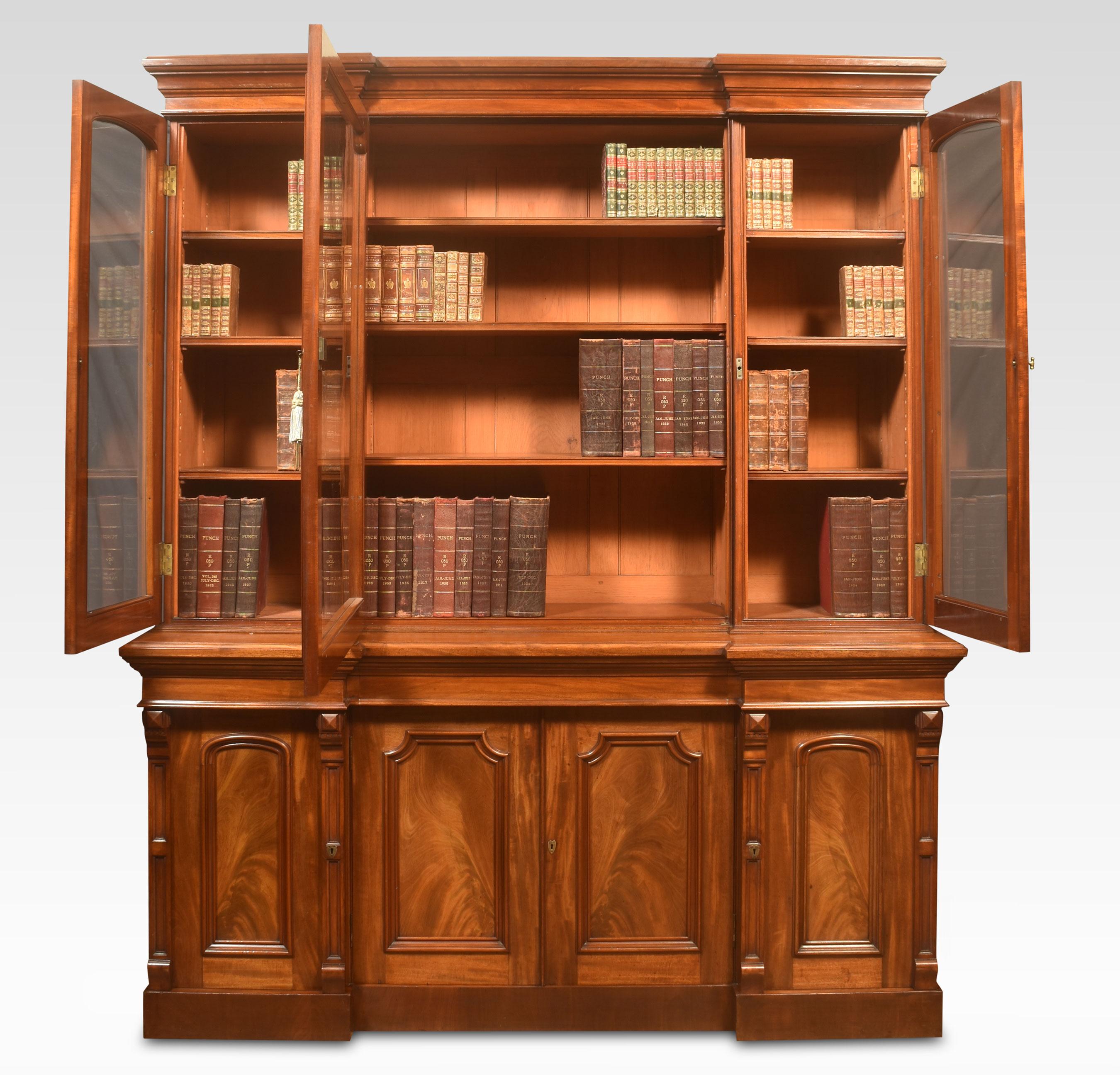 British Four Door Breakfront Library Bookcase For Sale