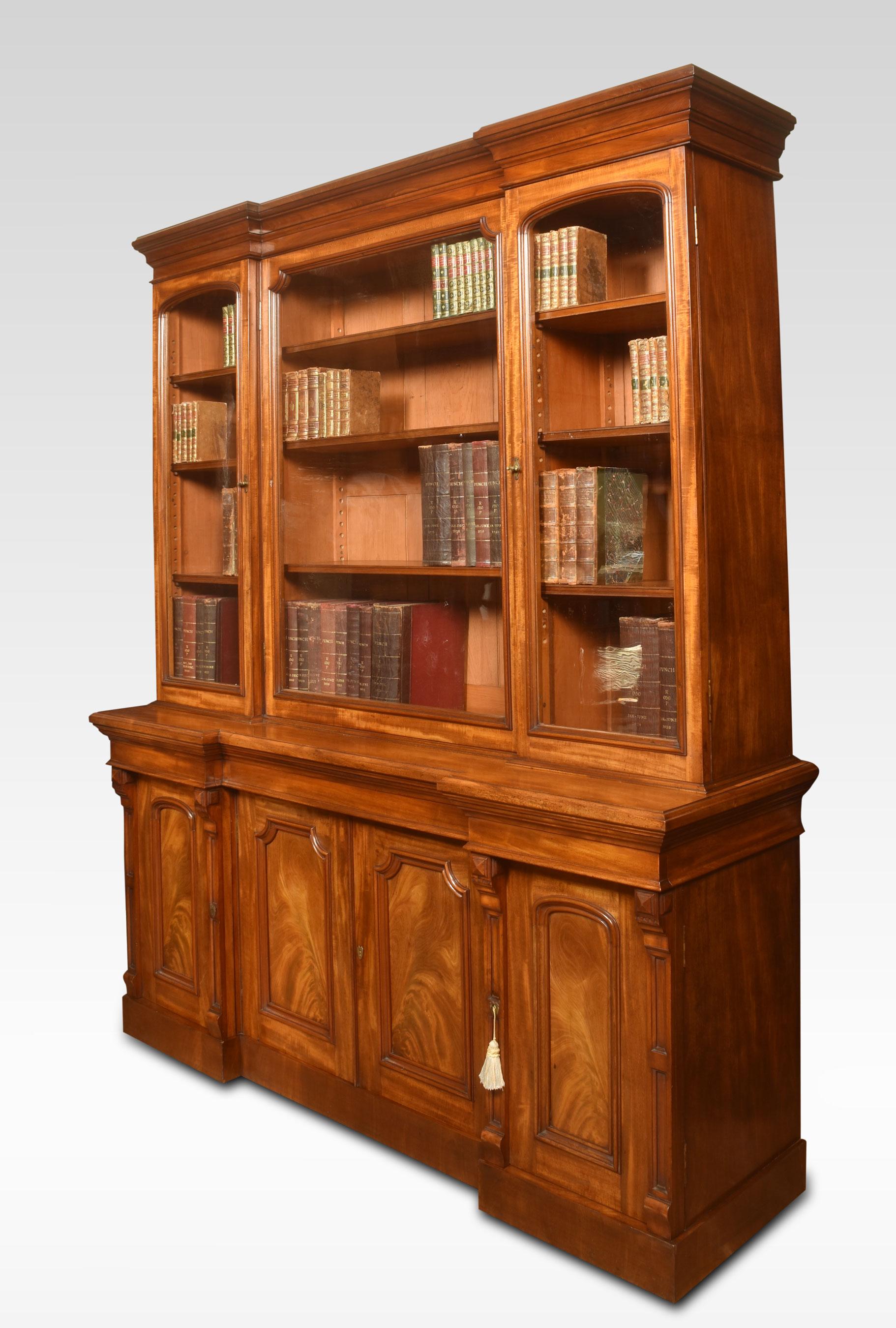 Wood Four Door Breakfront Library Bookcase For Sale