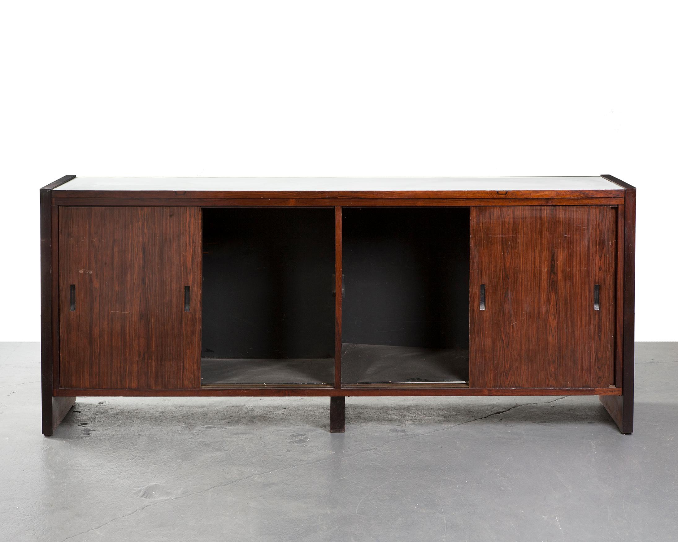 Brazilian Four-Door Credenza in Rosewood with White Formica Top and Sides, 1960s