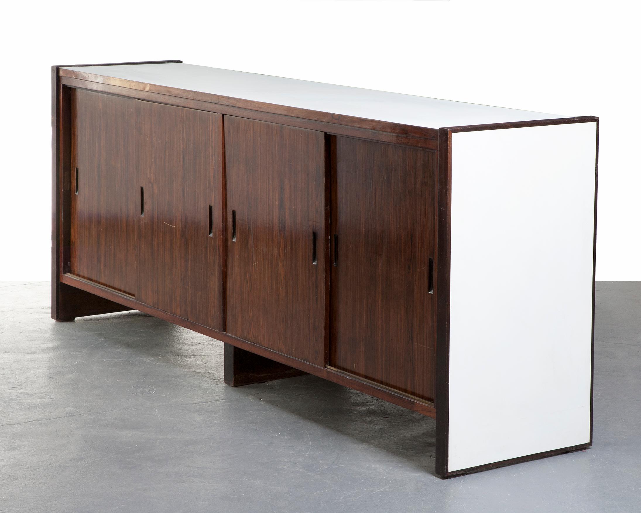 Four-Door Credenza in Rosewood with White Formica Top and Sides, 1960s In Good Condition In New York, NY