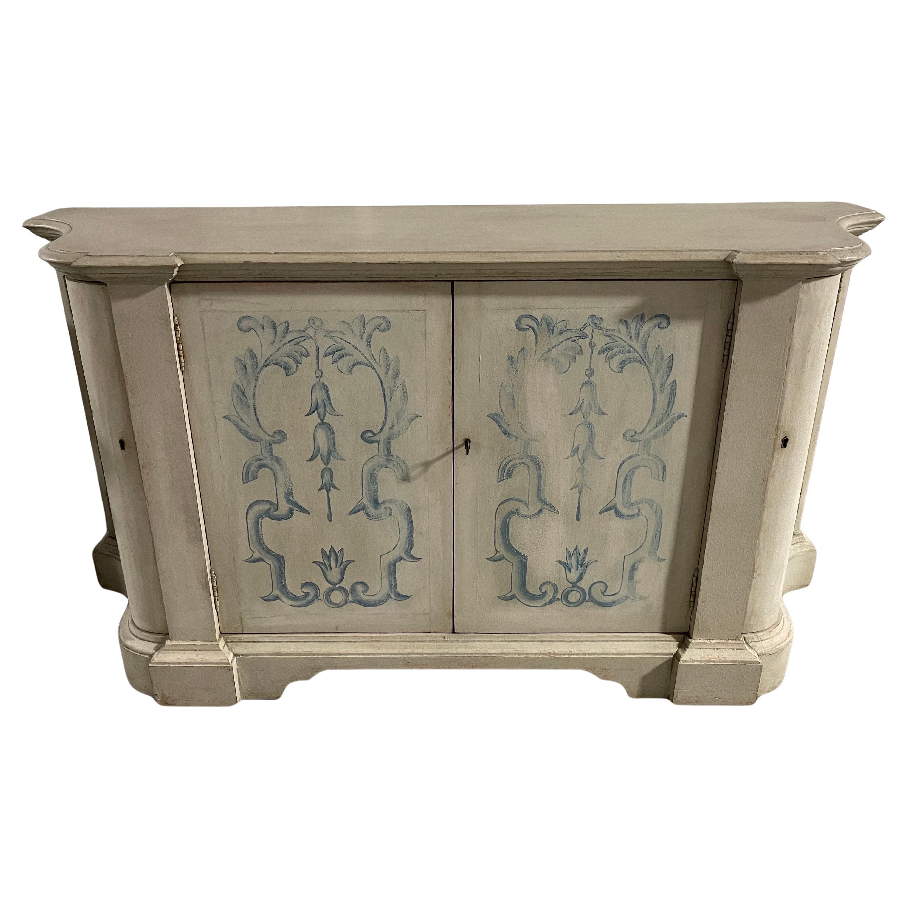 Four Door Credenza or Console with Blue Motif Painted Decorations, 21st Century