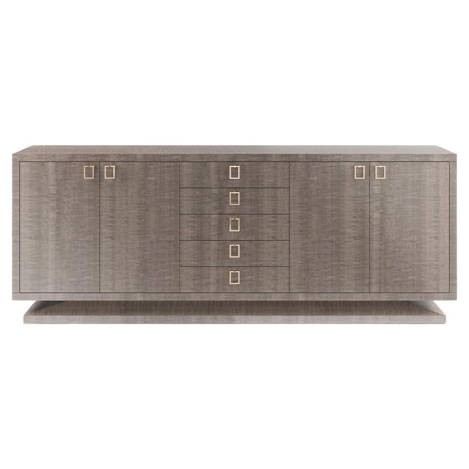 Meuble de rangement à quatre portes en bois anégrane gris avec tiroirs et nickel poli 