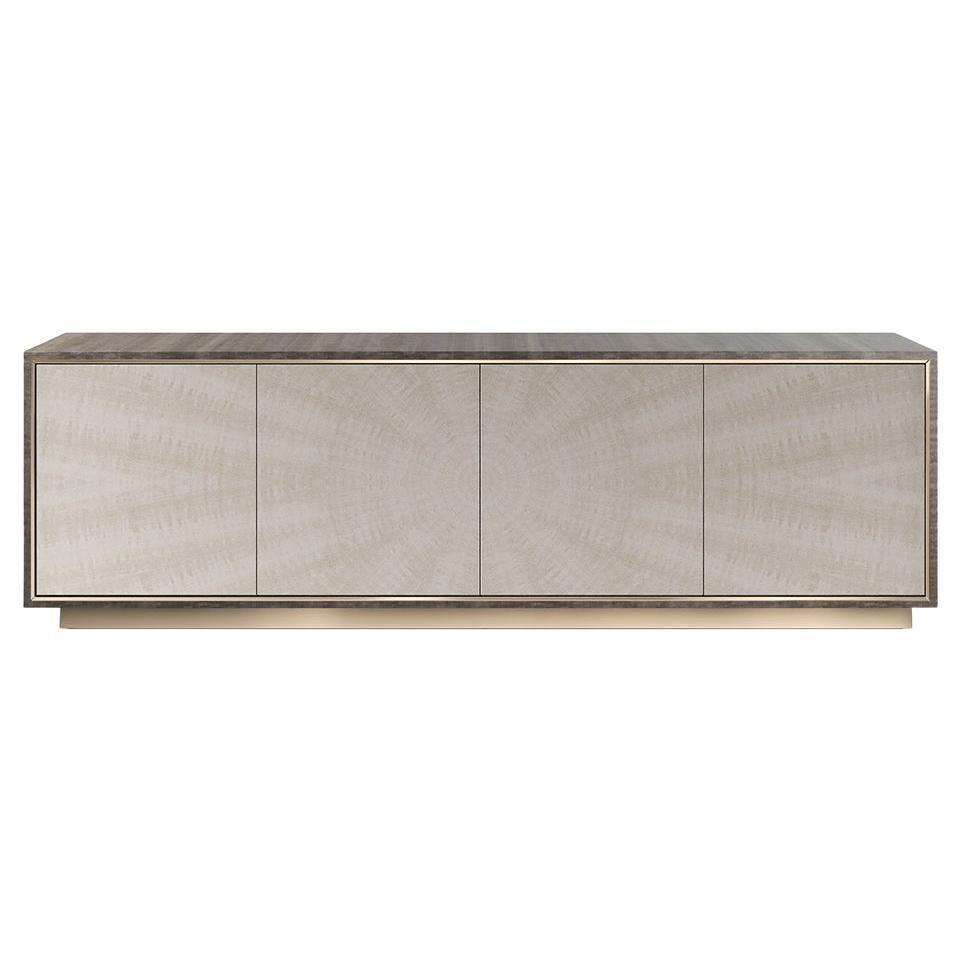 Four-Door Modern Wood Cabinet with Brushed Brass Trim For Sale