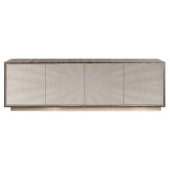 Four-Door Modern Wood Cabinet with Brushed Brass Trim