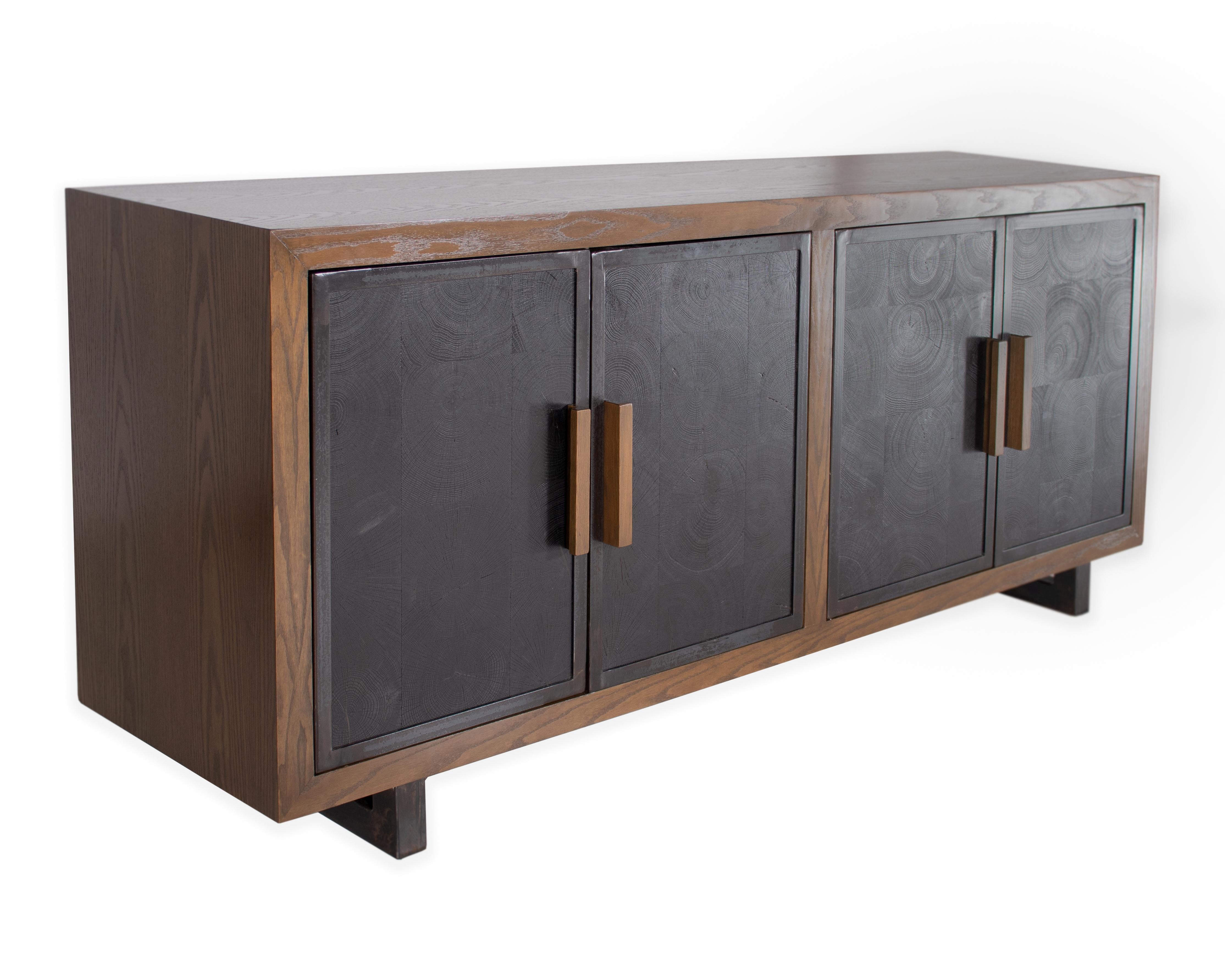 Four door server in oak with a bombay finish, demos ebonized oak doors, and ebony patina. 

Designed by Brendan Bass for the Vision and Design Collection, by using high quality materials and textures. All materials are sourced from local vendors