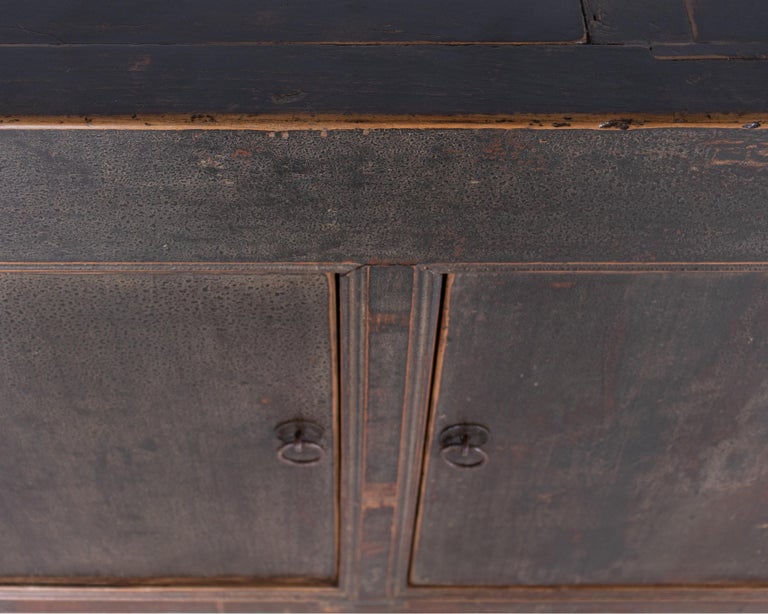 Reclaimed Wood Four Door Server in Original Crackle Black Paint Patina For Sale