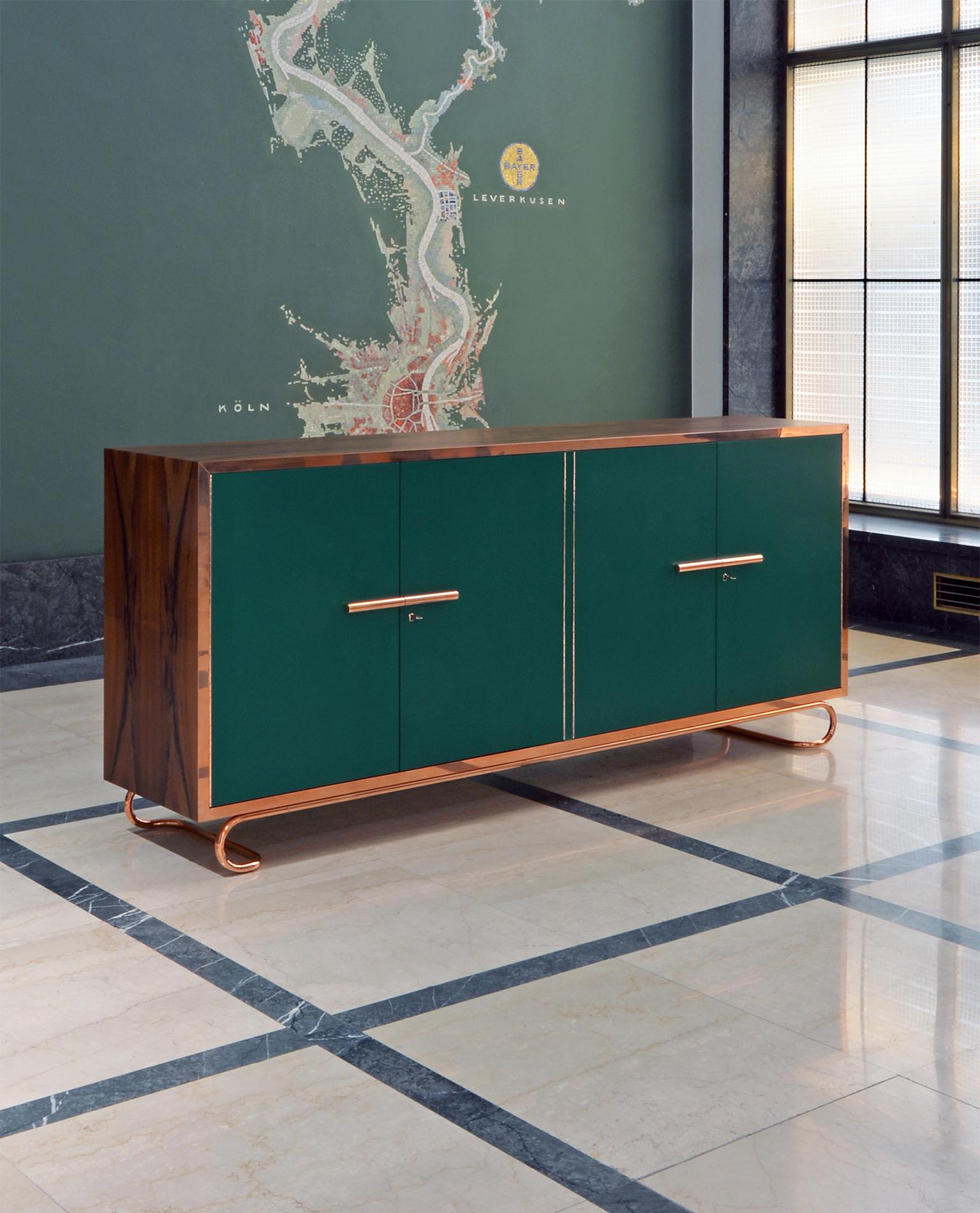 Large modernist four door sideboard with copper fittings. The sideboard is made of lacquered and veneered wood. Customizable, production time c. 12 weeks
