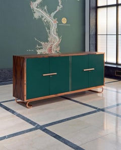 Four Door Sideboard, Lacquered and Veneered Wood, Copper Fittings, Customizable