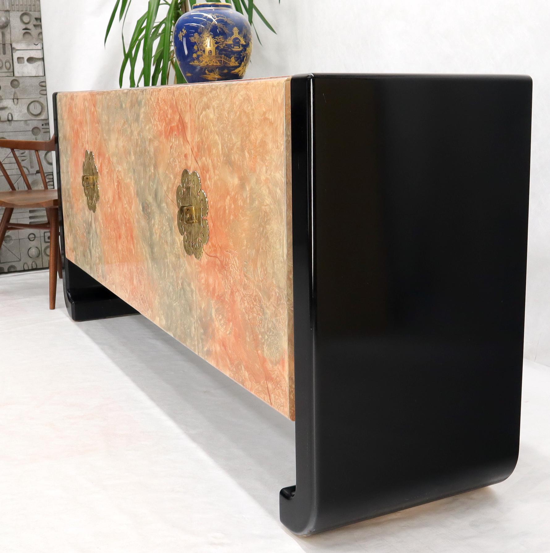 Mid-Century Modern Four Doors Black Lacquer Faux Finish Brass Hardware Pull Credenza Dresser Server For Sale