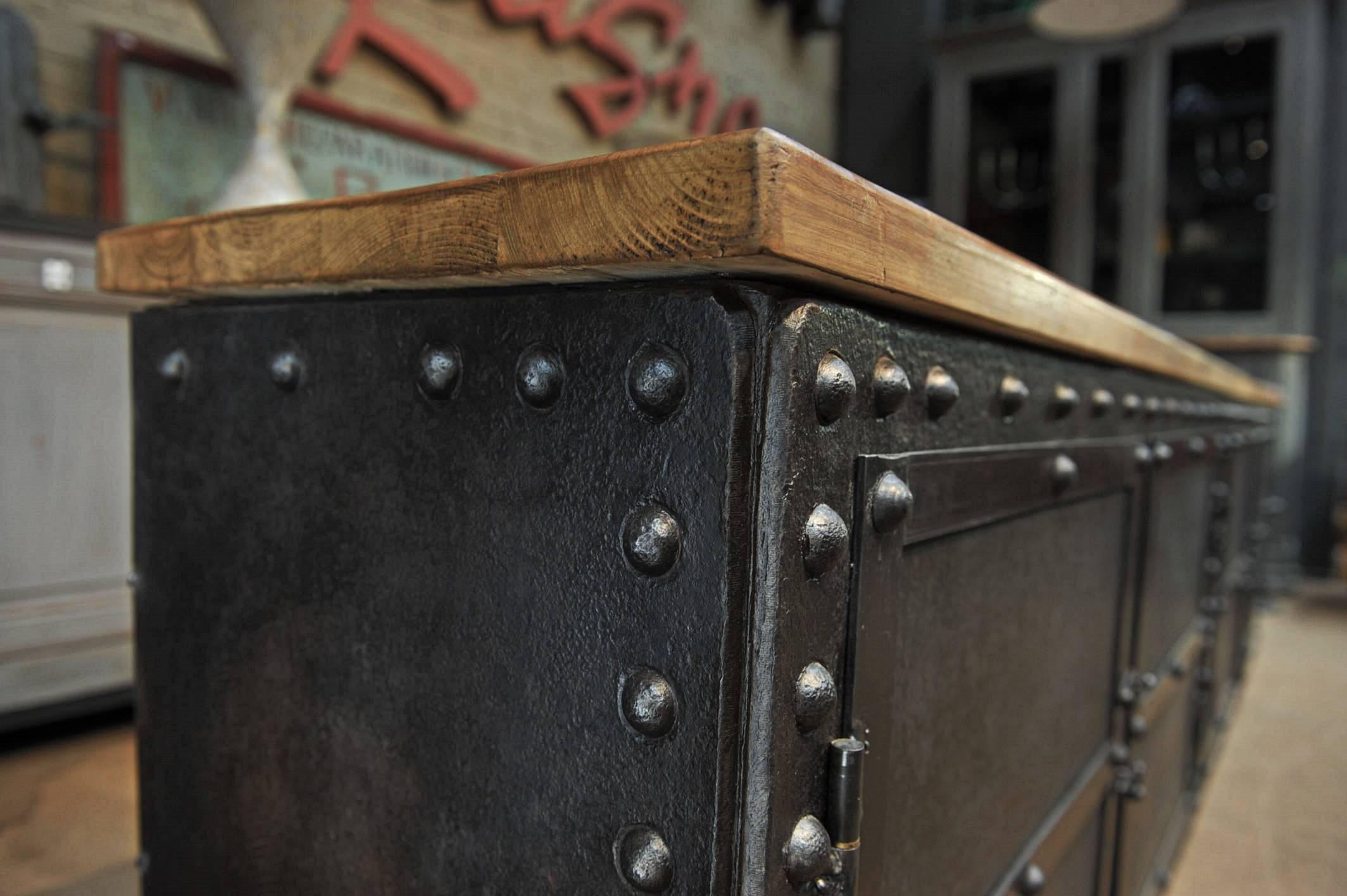 French Four Doors Industrial Riveted Iron Credenza Cabinet, 1900
