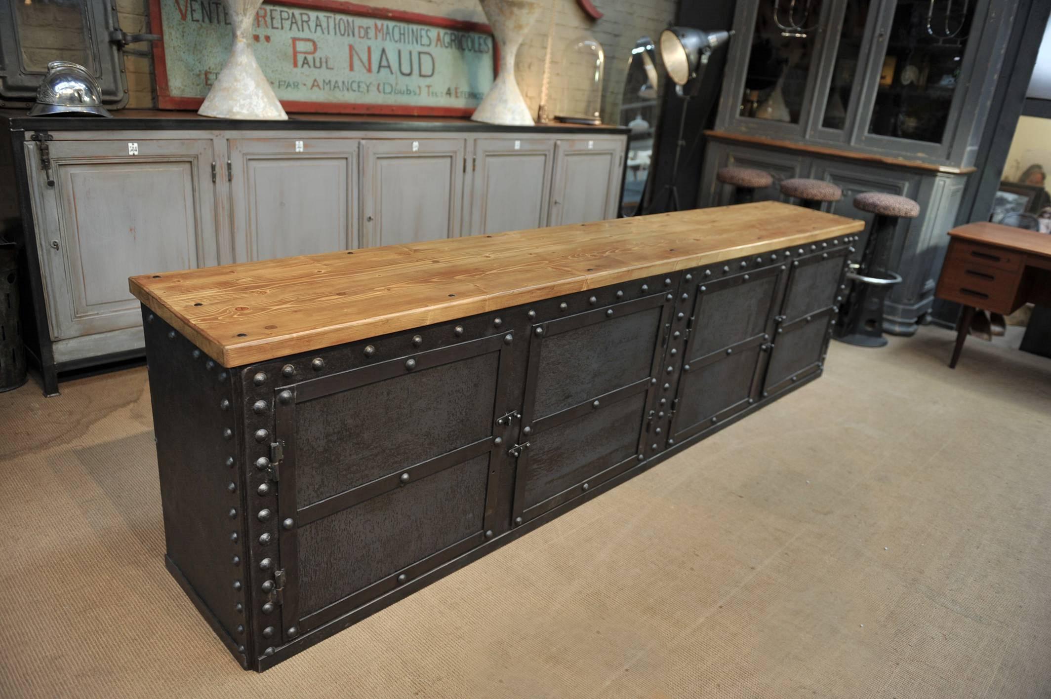 Four Doors Industrial Riveted Iron Credenza Cabinet, 1900 1
