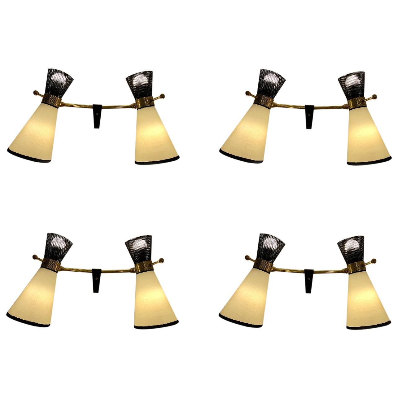 Four Double Adjustable Wall Lights by Arlus, 1950