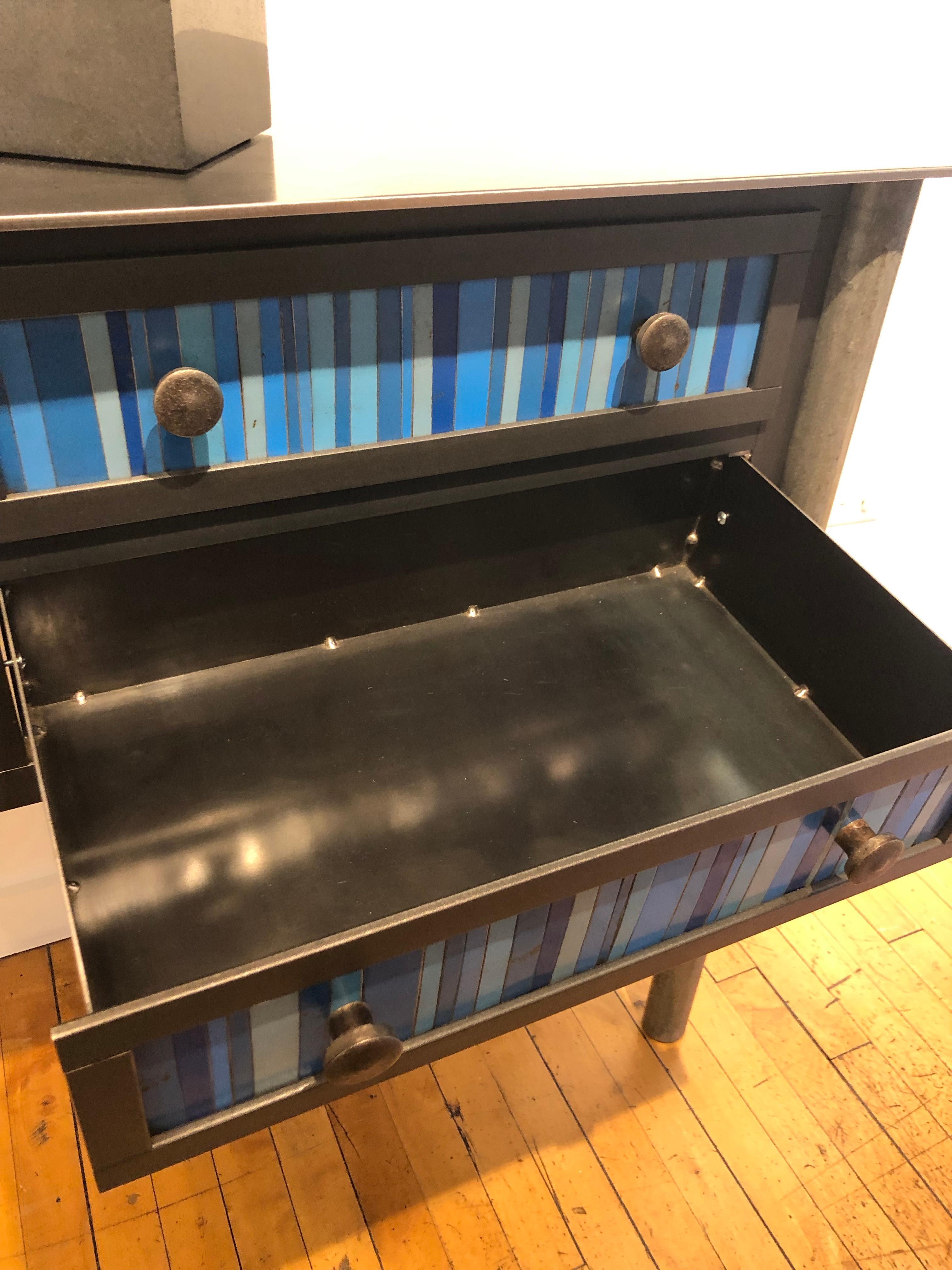 Shaker Jim Rose Steel Furniture - Four Drawer Gee's Bend Blue Strip Quilt Cupboard