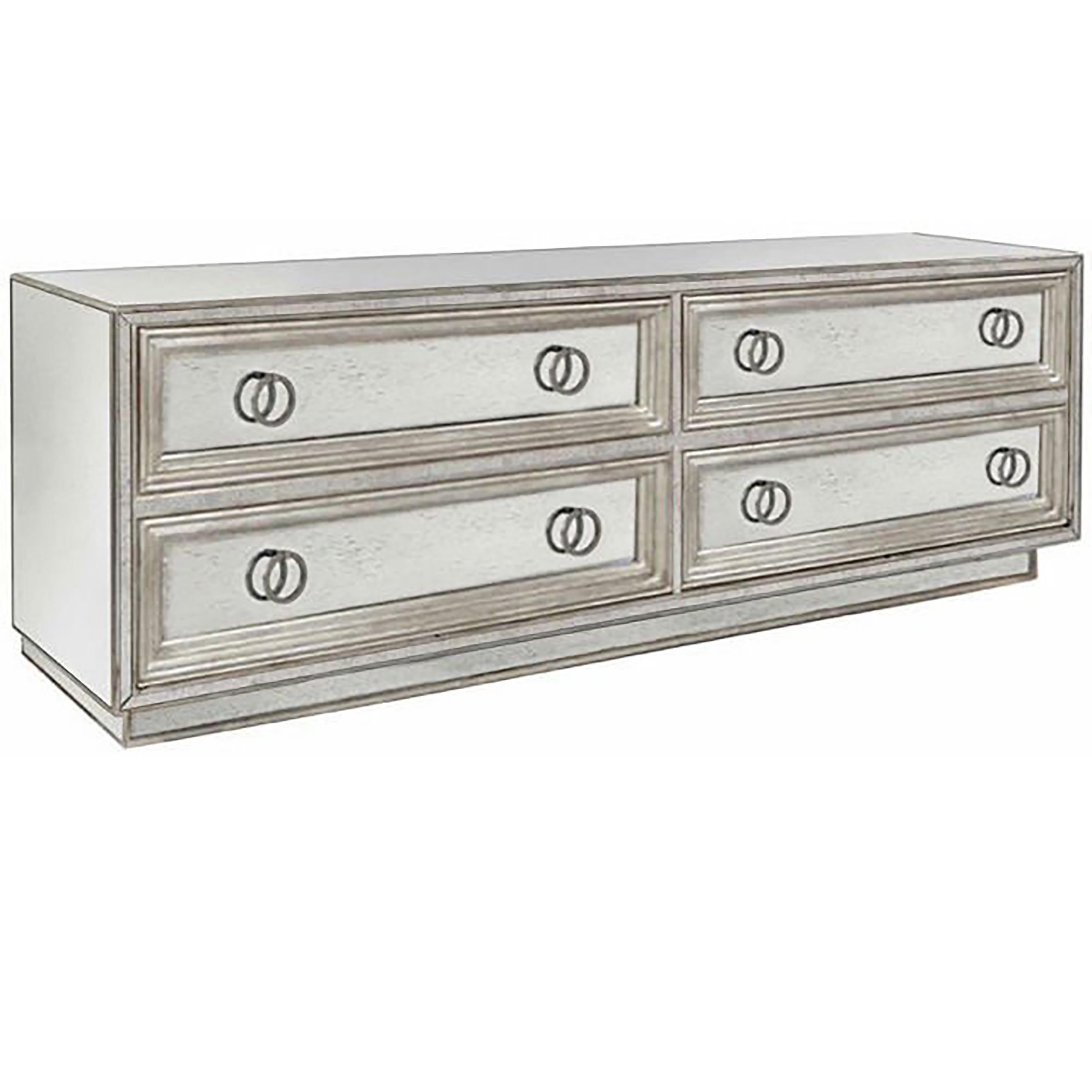 Four (4) drawer mirror and silver leaf dresser designed by Craig Van Den Brulle.

American, Circa 21st Century

Made to order, custom sizes available.