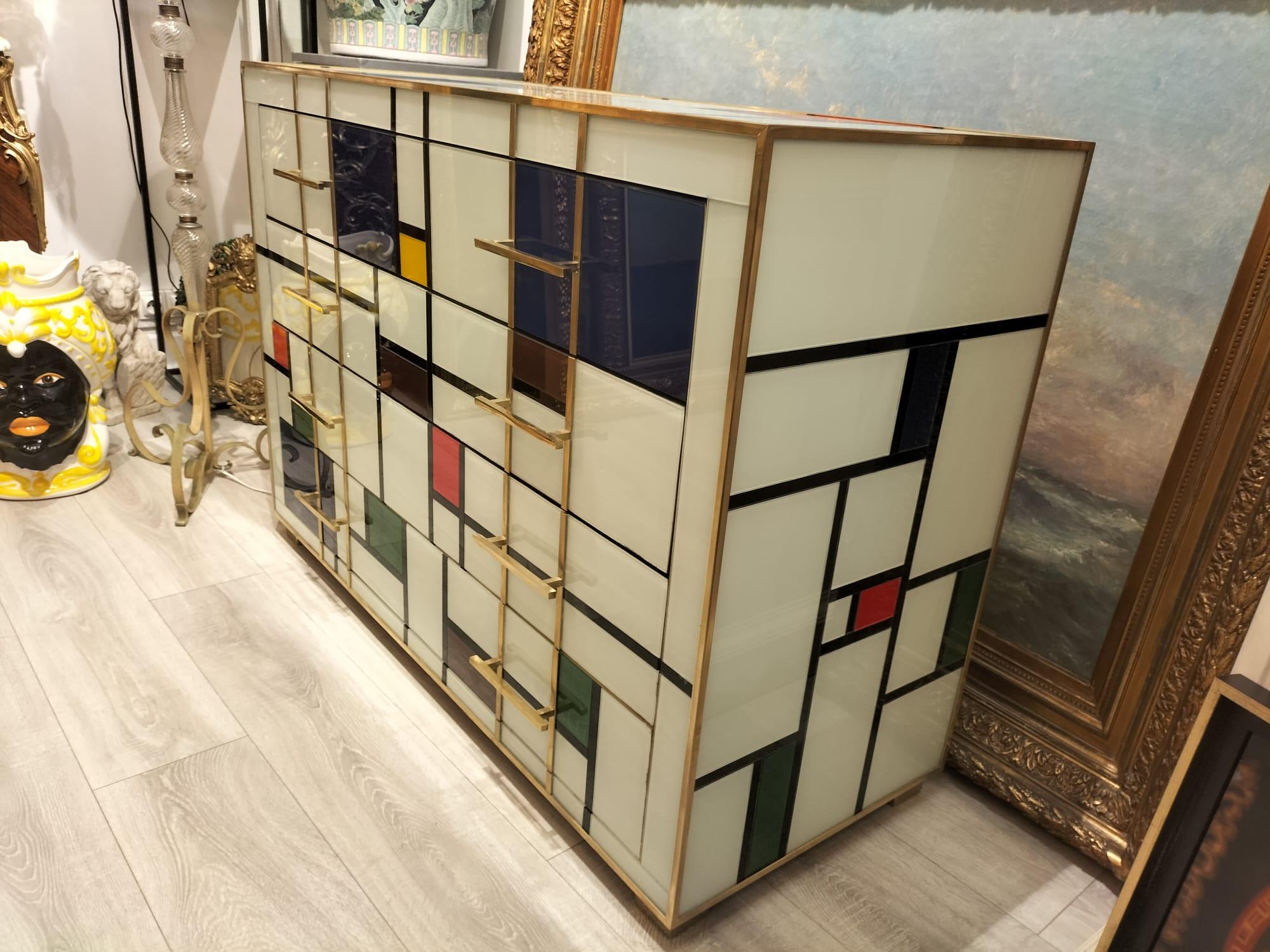 Mid-Century Modern Four-Drawer Murano Glass Commode in Mondrian Style, 1970’s For Sale