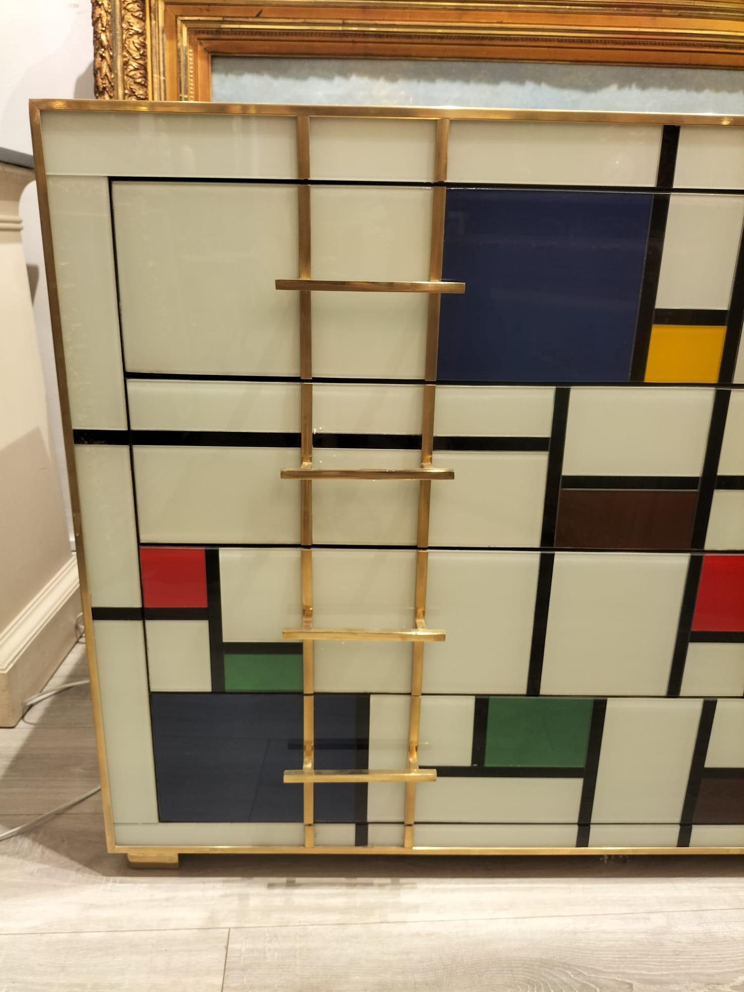 Hand-Crafted Four-Drawer Murano Glass Commode in Mondrian Style, 1970’s For Sale