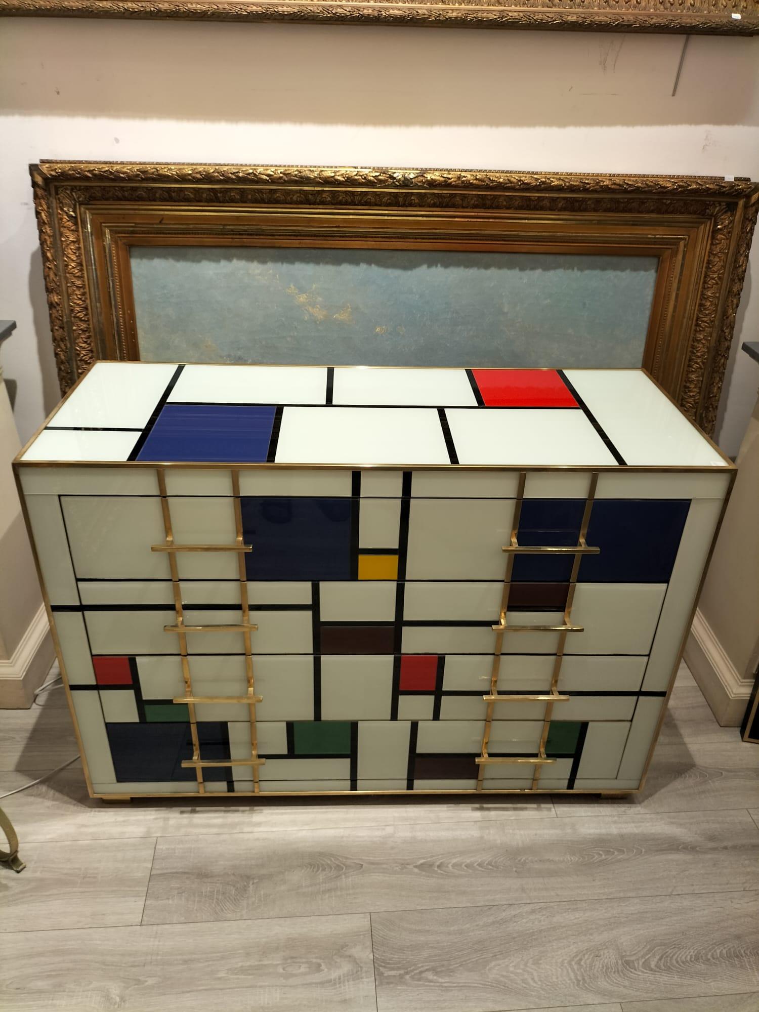 20th Century Four-Drawer Murano Glass Commode in Mondrian Style, 1970’s For Sale