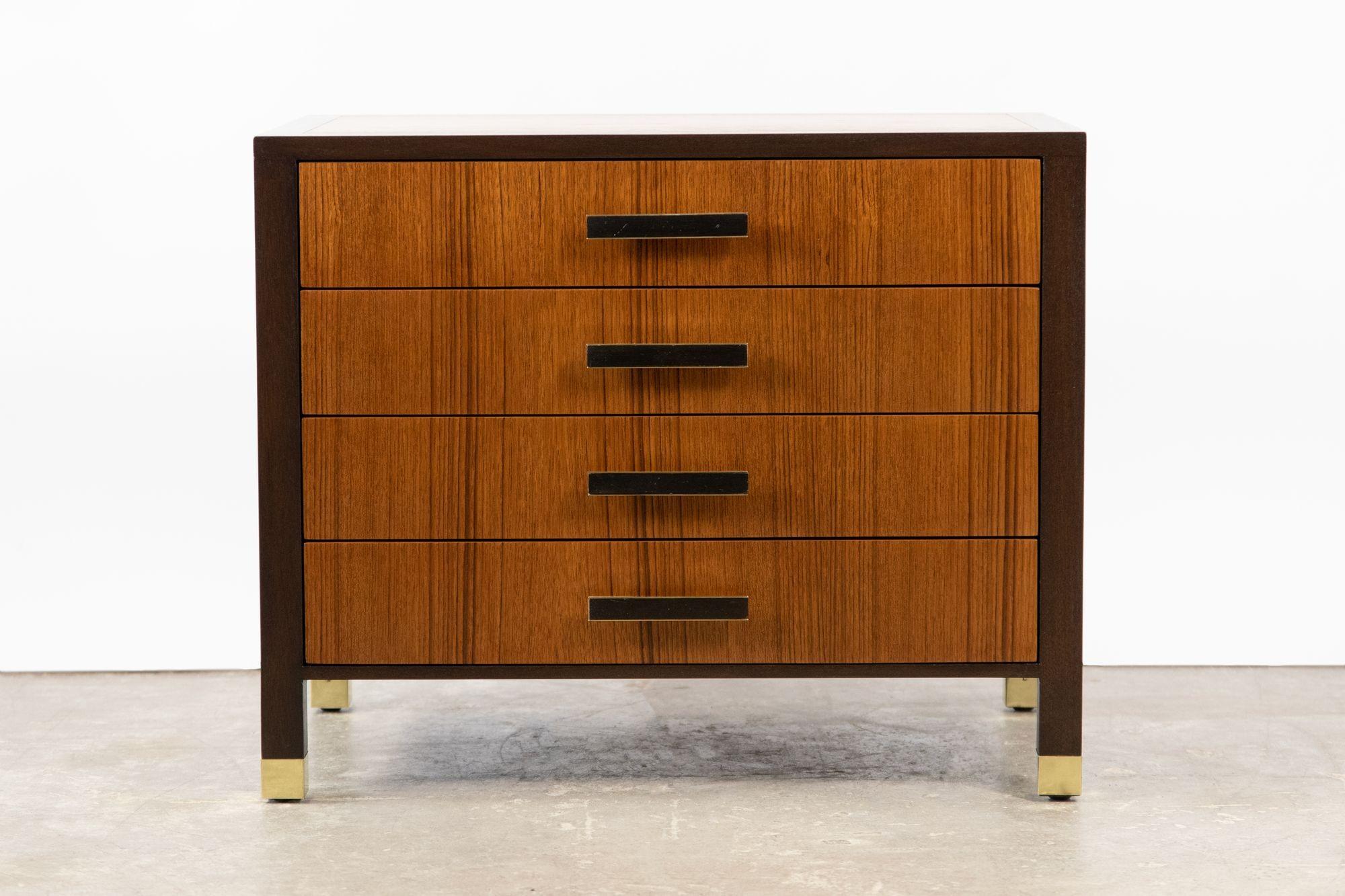 Beautiful 4-drawer miniature cabinet by Harvey Probber. It would serve perfectly as a nightstand or an end table. The chest consists of a solid mahogany frame finished in espresso lacquer with four teak drawers and inset teak panels.