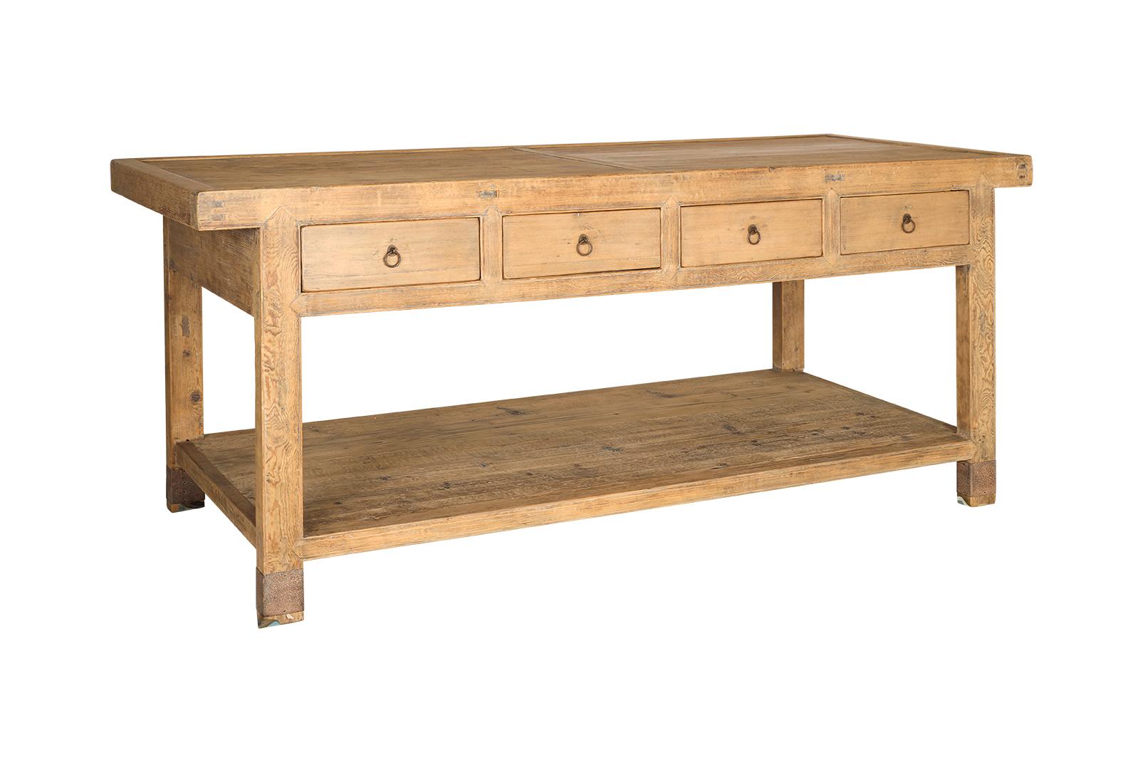 Organic Modern Four Drawer Open Base Serving Table in Bleached Elm For Sale