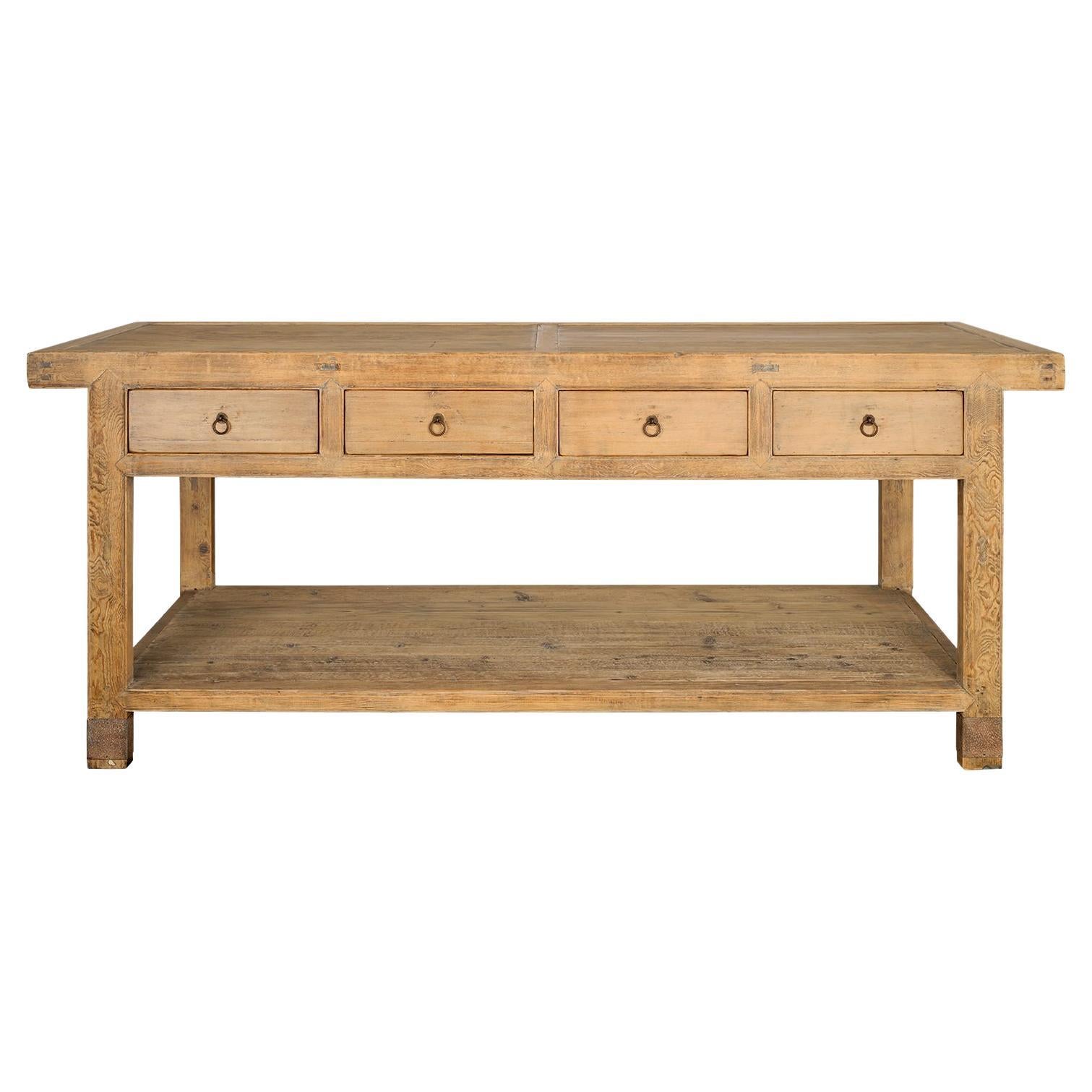 Four Drawer Open Base Serving Table in Bleached Elm For Sale